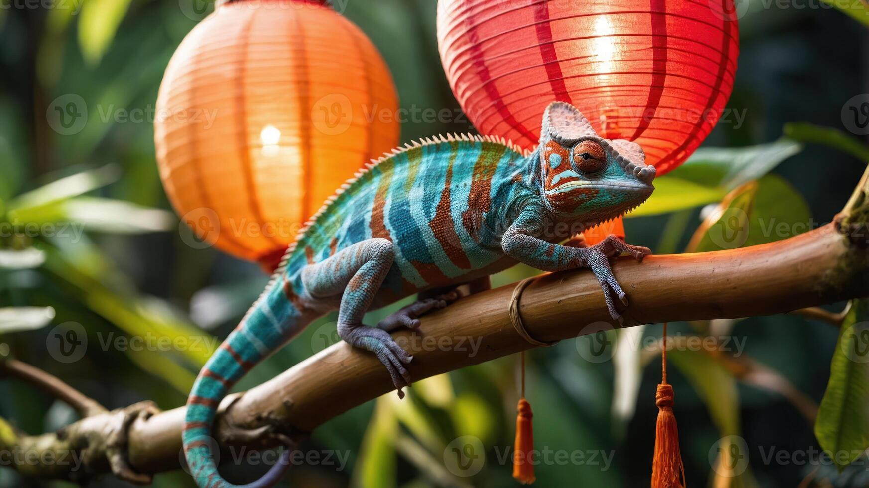 A colorful chameleon perched on a branch with lanterns in a lush environment. photo