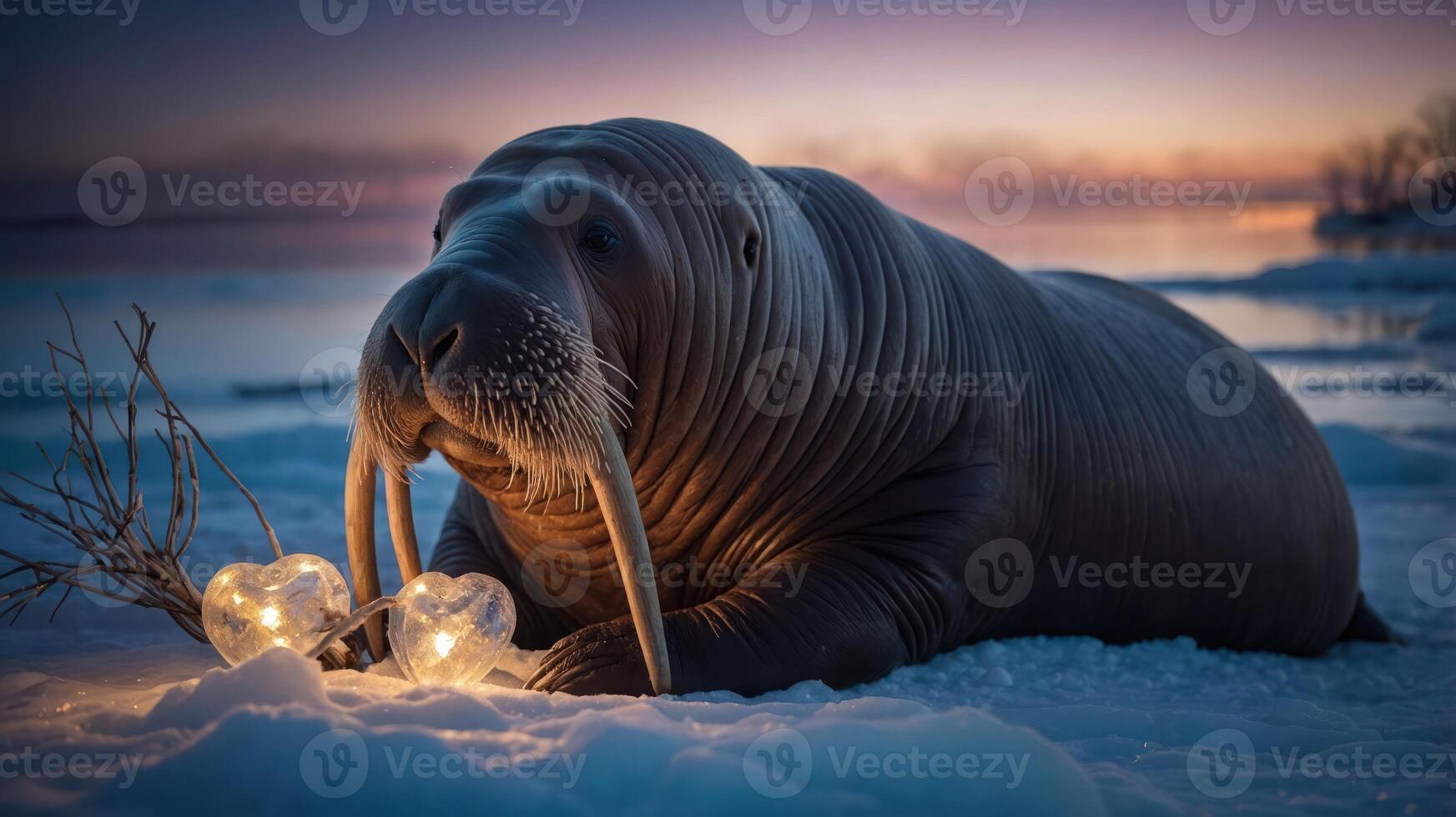 A walrus resting on ice at sunset, surrounded by glowing heart-shaped lights. photo
