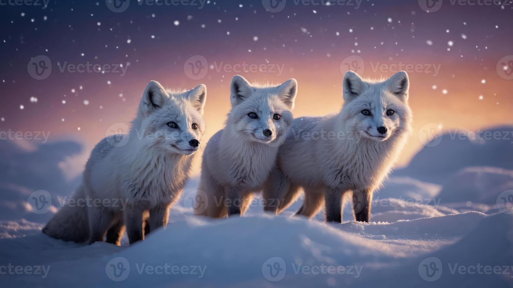 Three arctic foxes standing in a snowy landscape during a serene sunset. photo