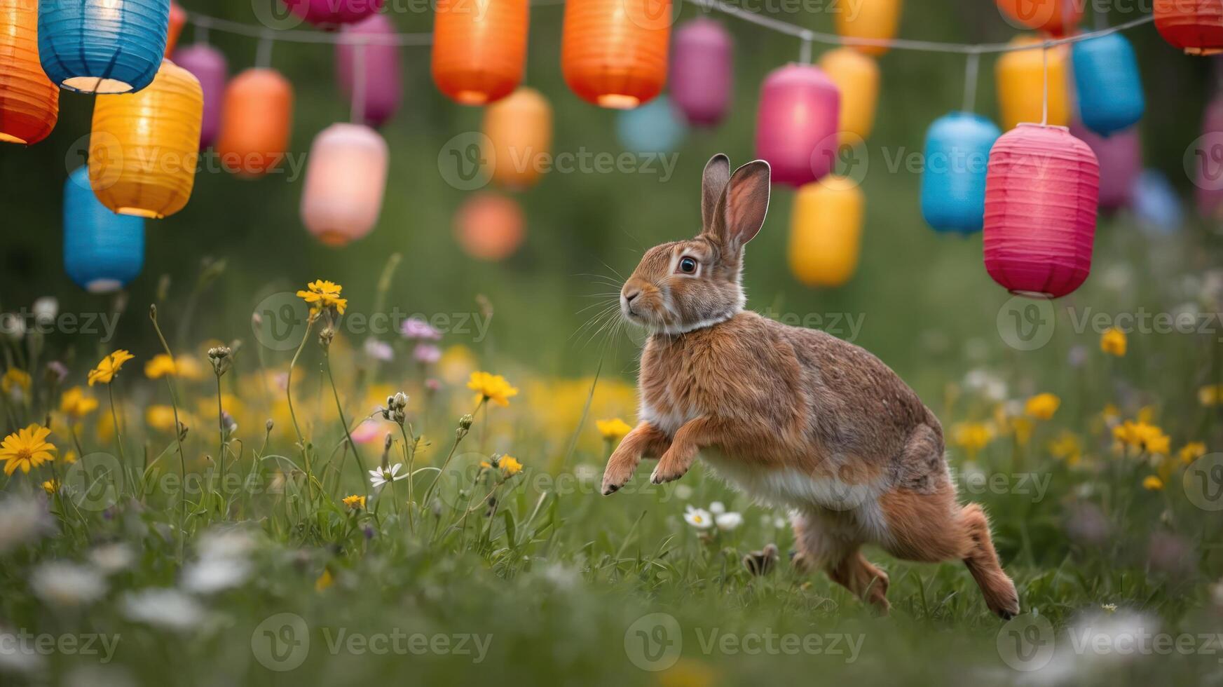 A rabbit leaps through a vibrant meadow adorned with colorful lanterns. photo