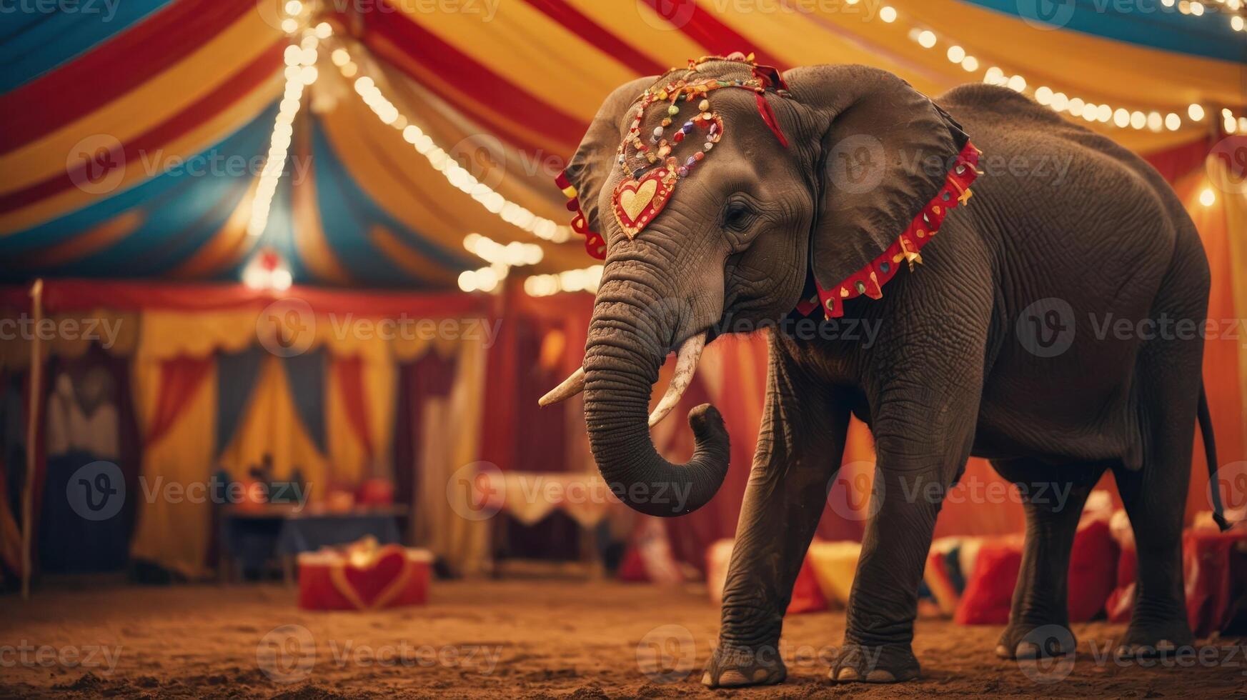 An elephant adorned with decorations stands in a colorful circus tent. photo