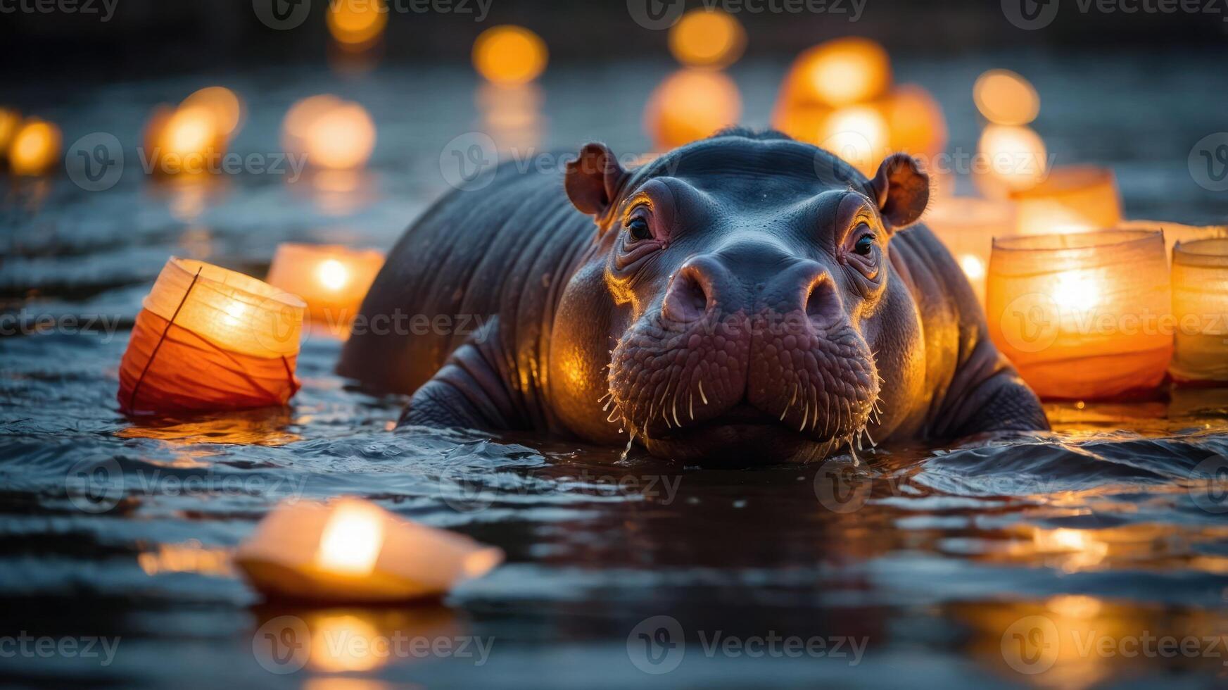 A hippo surrounded by glowing lanterns in a serene water setting. photo