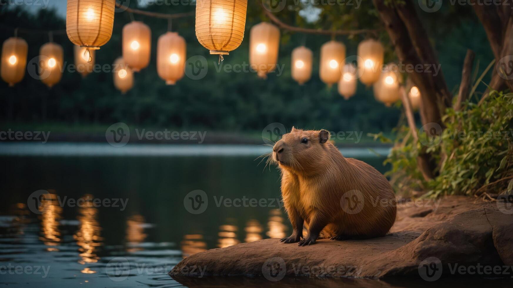 A capybara sits by a serene river, illuminated by glowing lanterns at dusk. photo