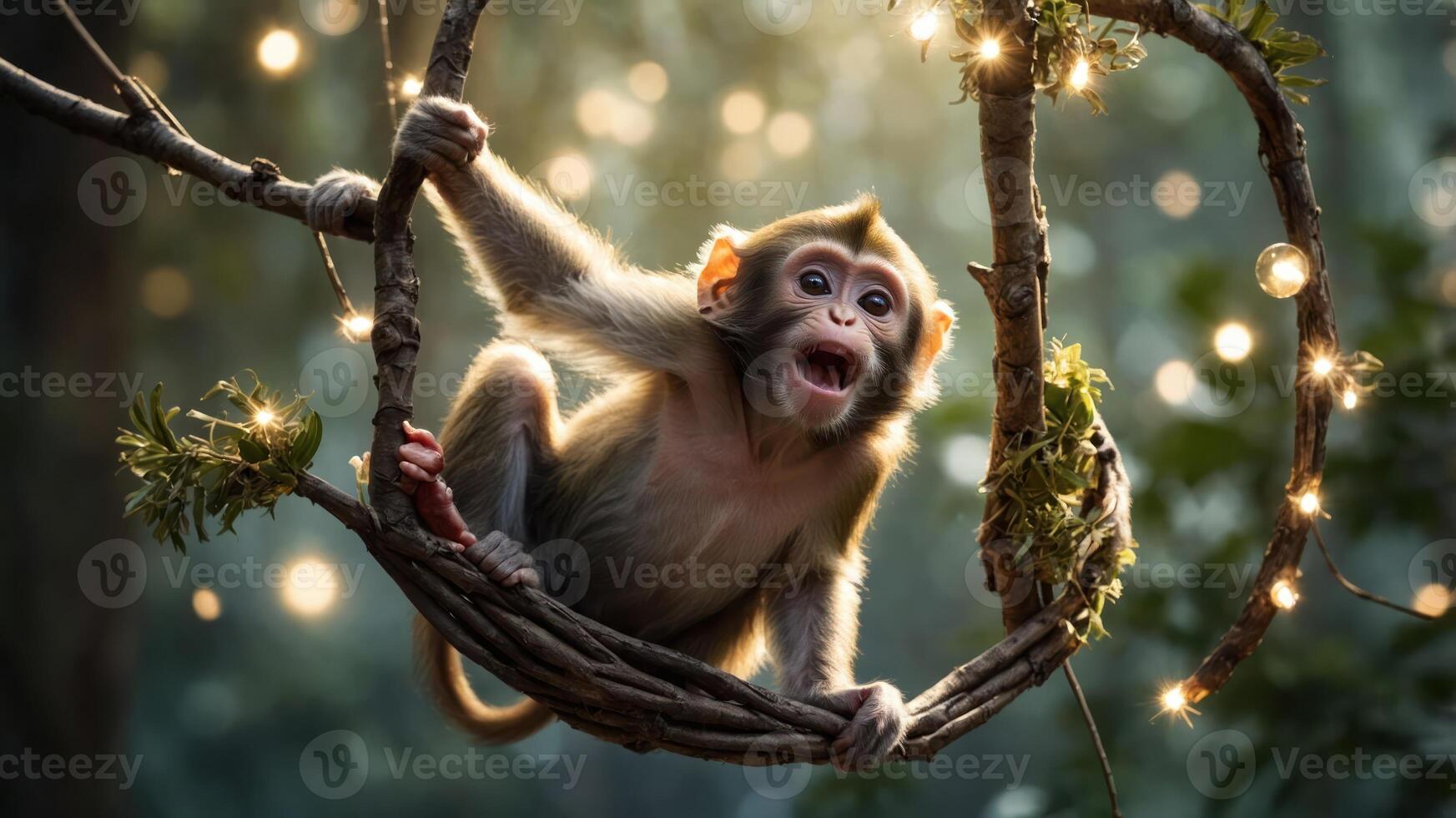 A playful monkey hanging on a vine surrounded by soft lights in a lush forest. photo