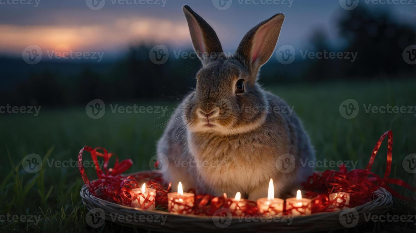 A rabbit sits in a basket surrounded by candles at sunset, creating a serene atmosphere. photo