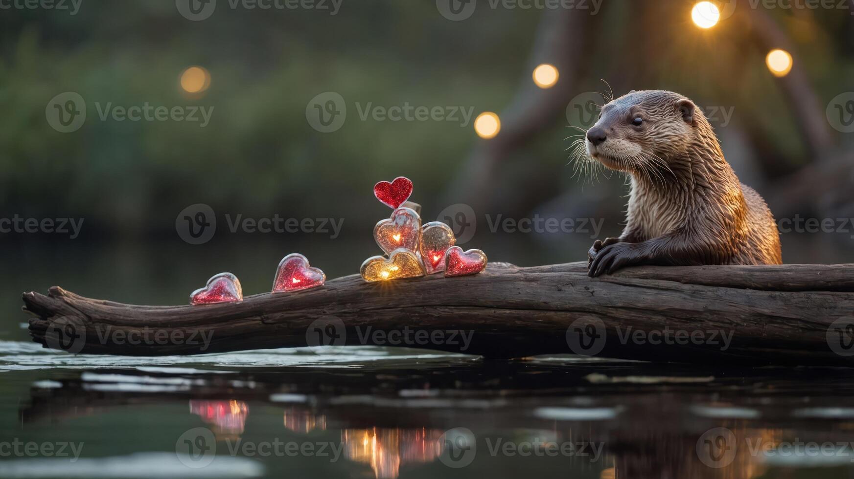 An otter rests by the water, surrounded by glowing heart decorations on a log. photo