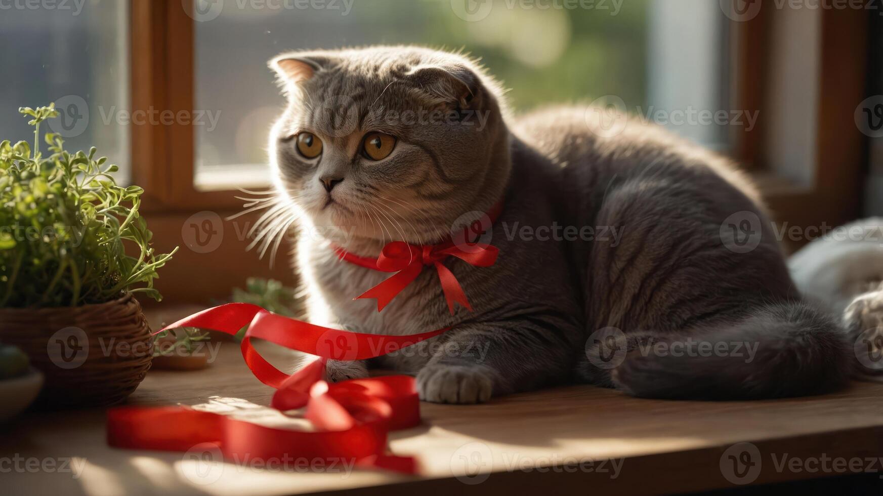 A gray cat with a red ribbon sits on a table near plants, basking in sunlight. photo
