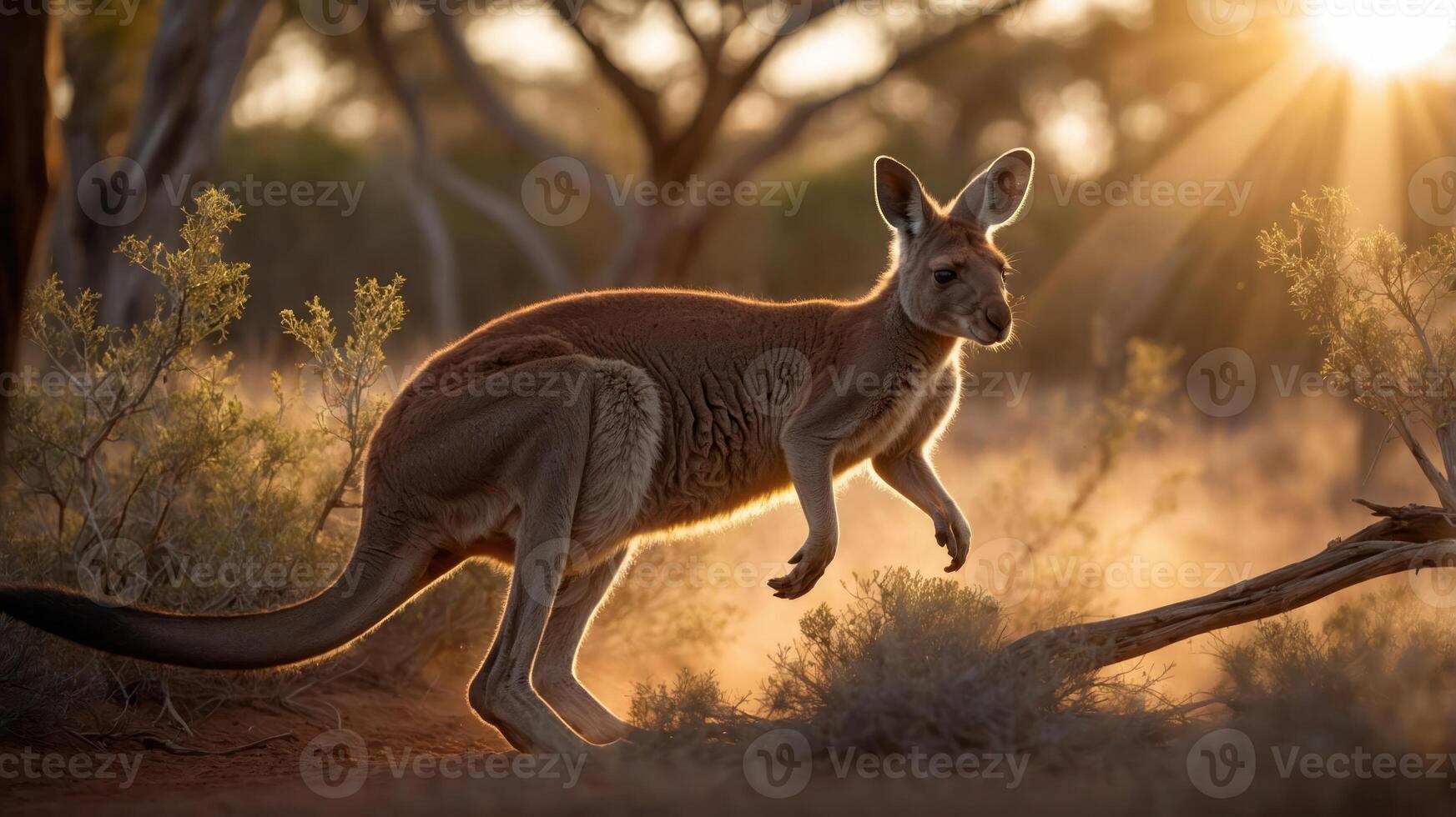 A kangaroo in a sunlit landscape, showcasing its natural habitat at dusk. photo