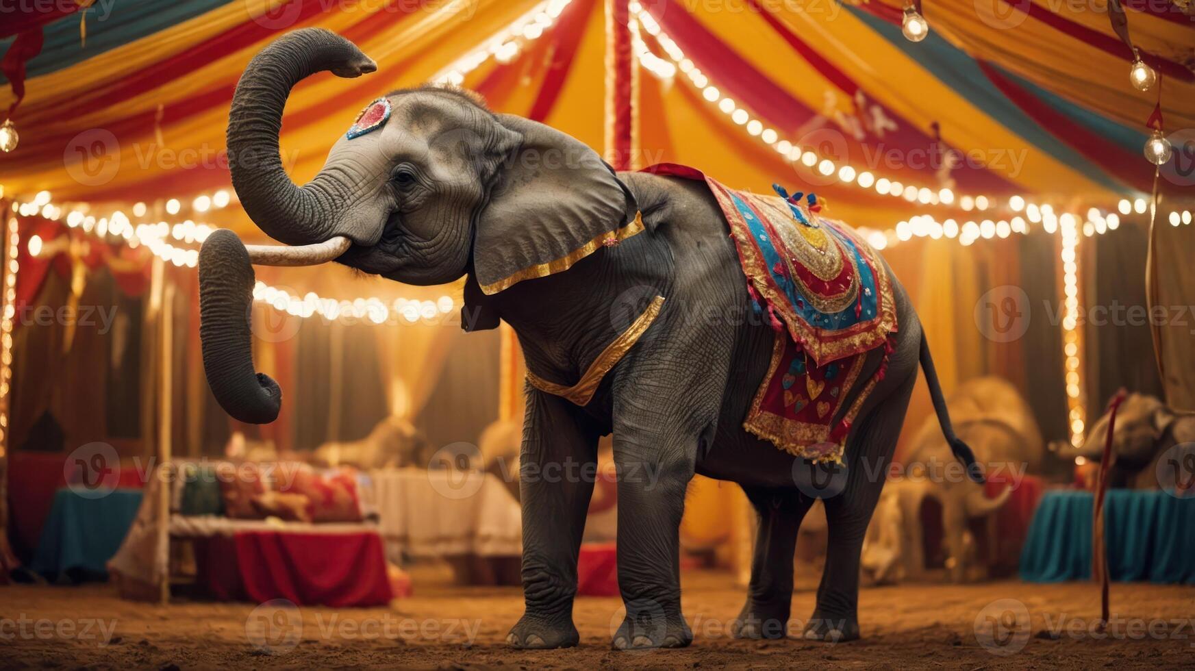 A decorated elephant stands in a colorful circus tent, surrounded by festive lights. photo