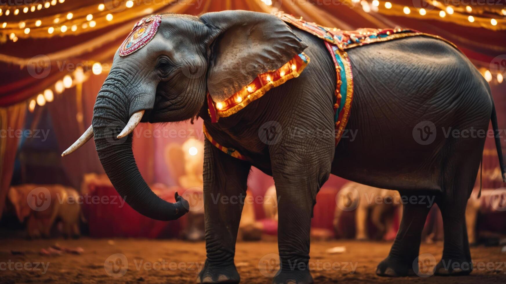 An elephant adorned with decorations stands in a festive circus setting under string lights. photo