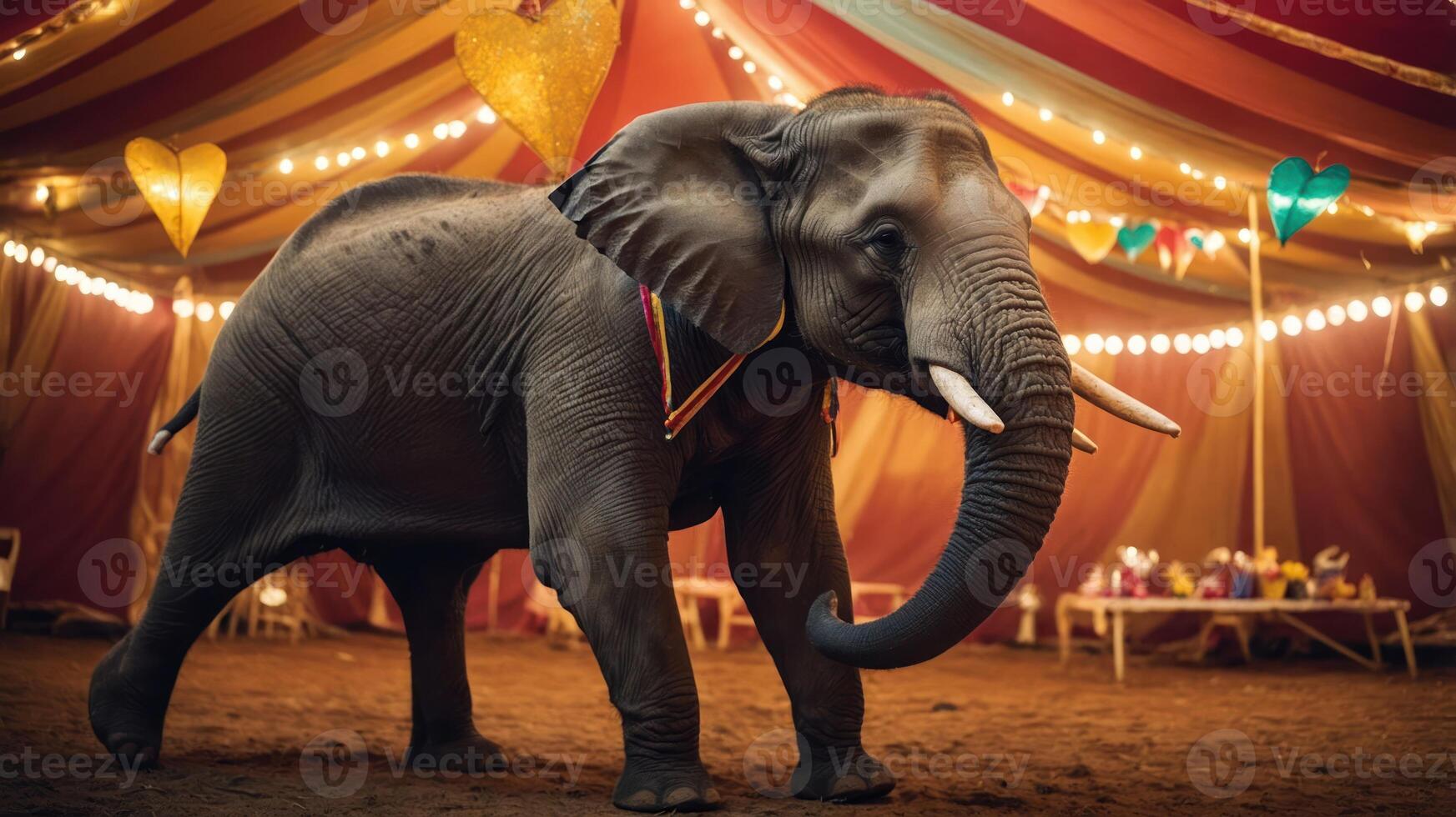 An elephant performs in a colorful circus tent adorned with lights and decorations. photo