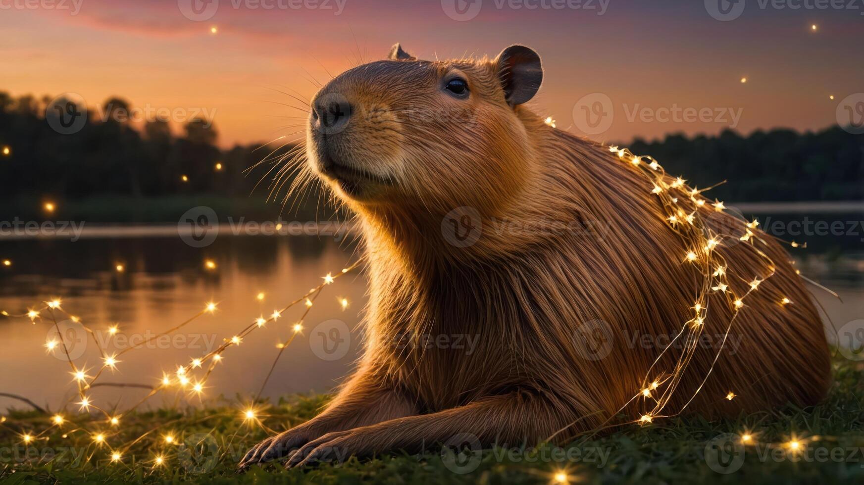 A capybara adorned with fairy lights beside a serene lake at sunset. photo