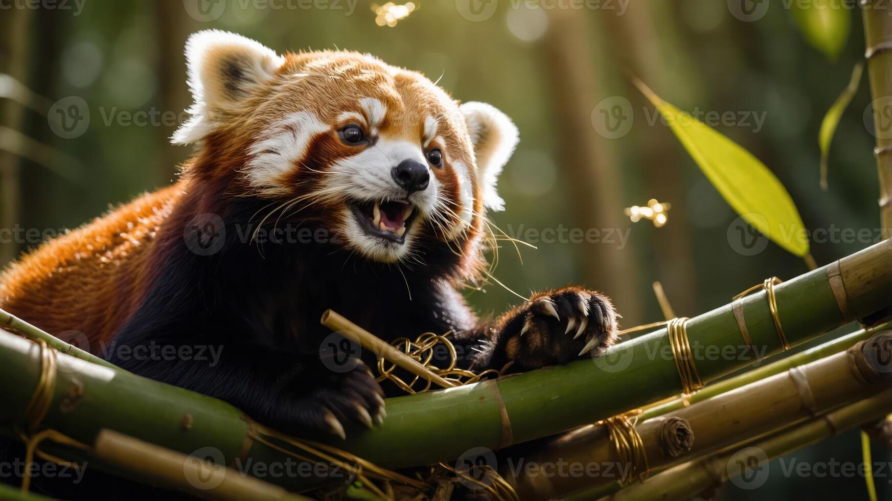 A red panda playfully resting on bamboo, showcasing its vibrant fur and playful demeanor. photo