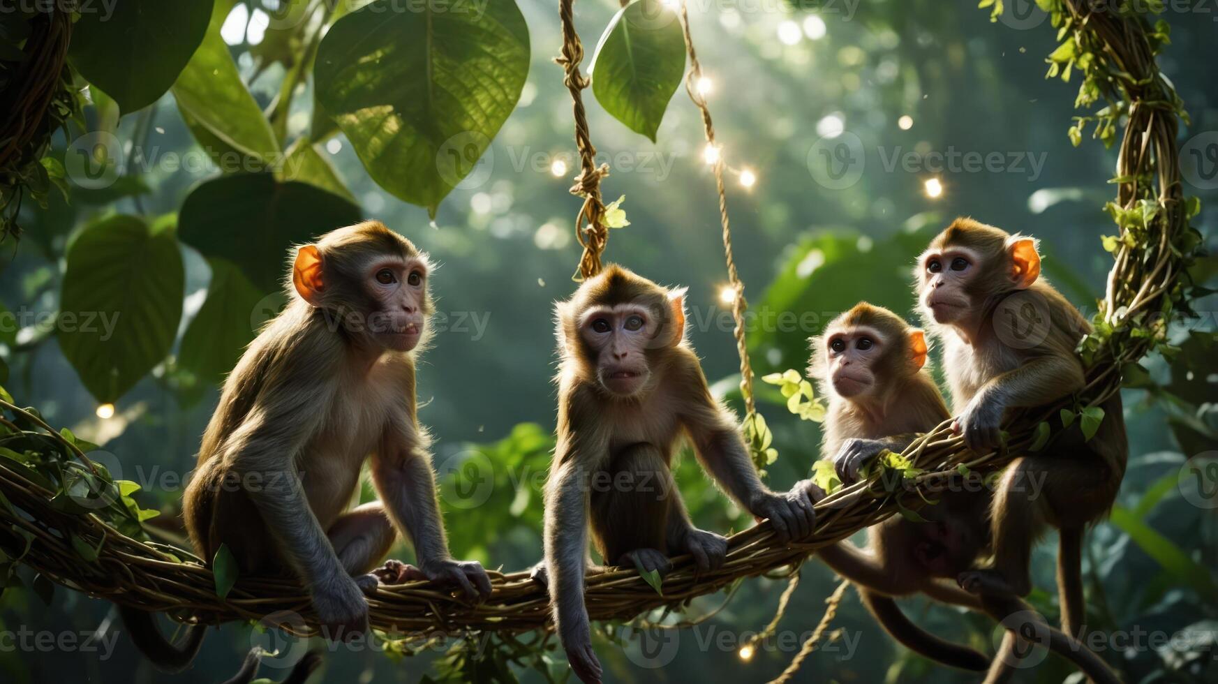 Four monkeys sitting on a vine in a lush, green jungle with soft lighting. photo