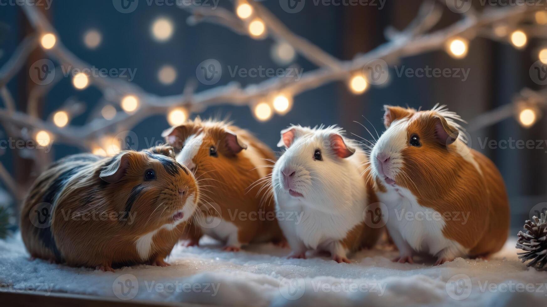 Four adorable guinea pigs gathered together in a cozy, festive setting with soft lighting. photo