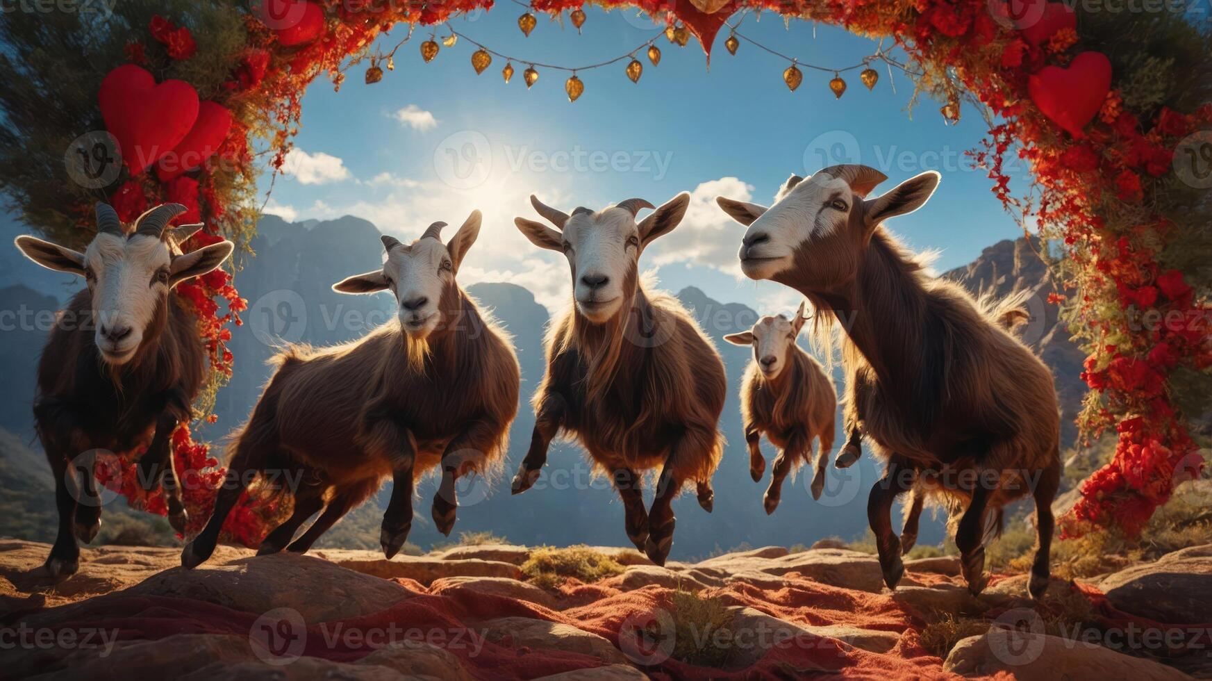 A whimsical scene featuring goats frolicking under a decorative arch of hearts and flowers. photo
