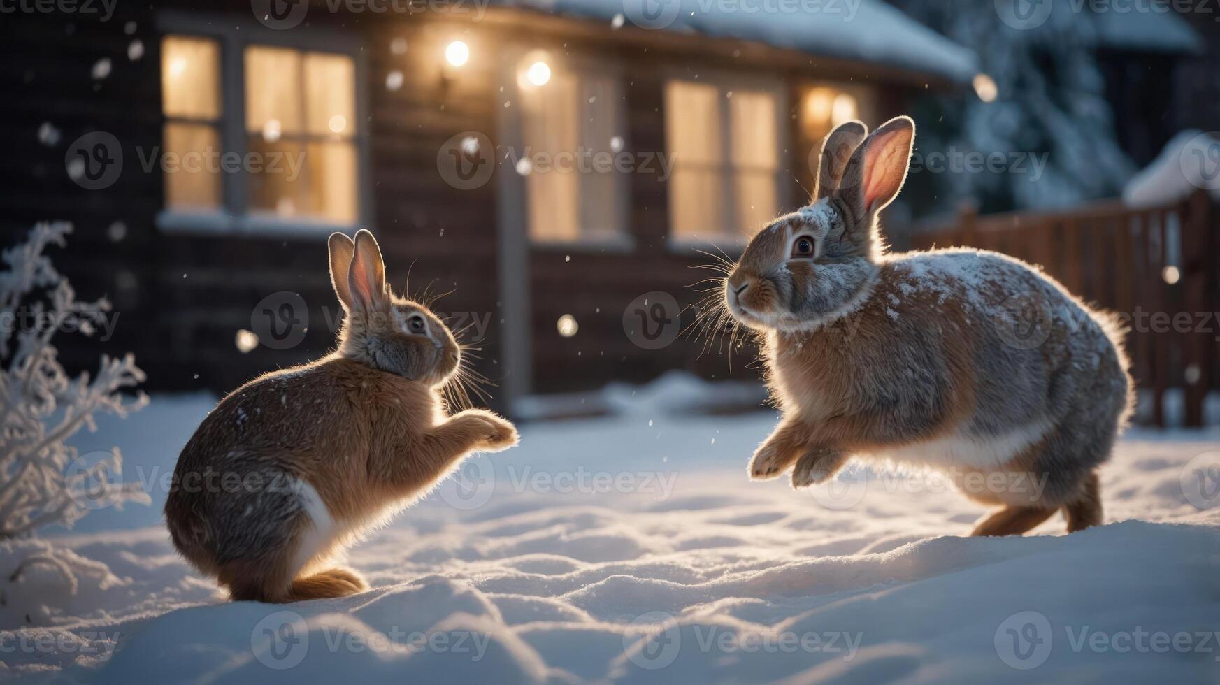 Two rabbits play in the snow outside a cozy cabin during winter. photo