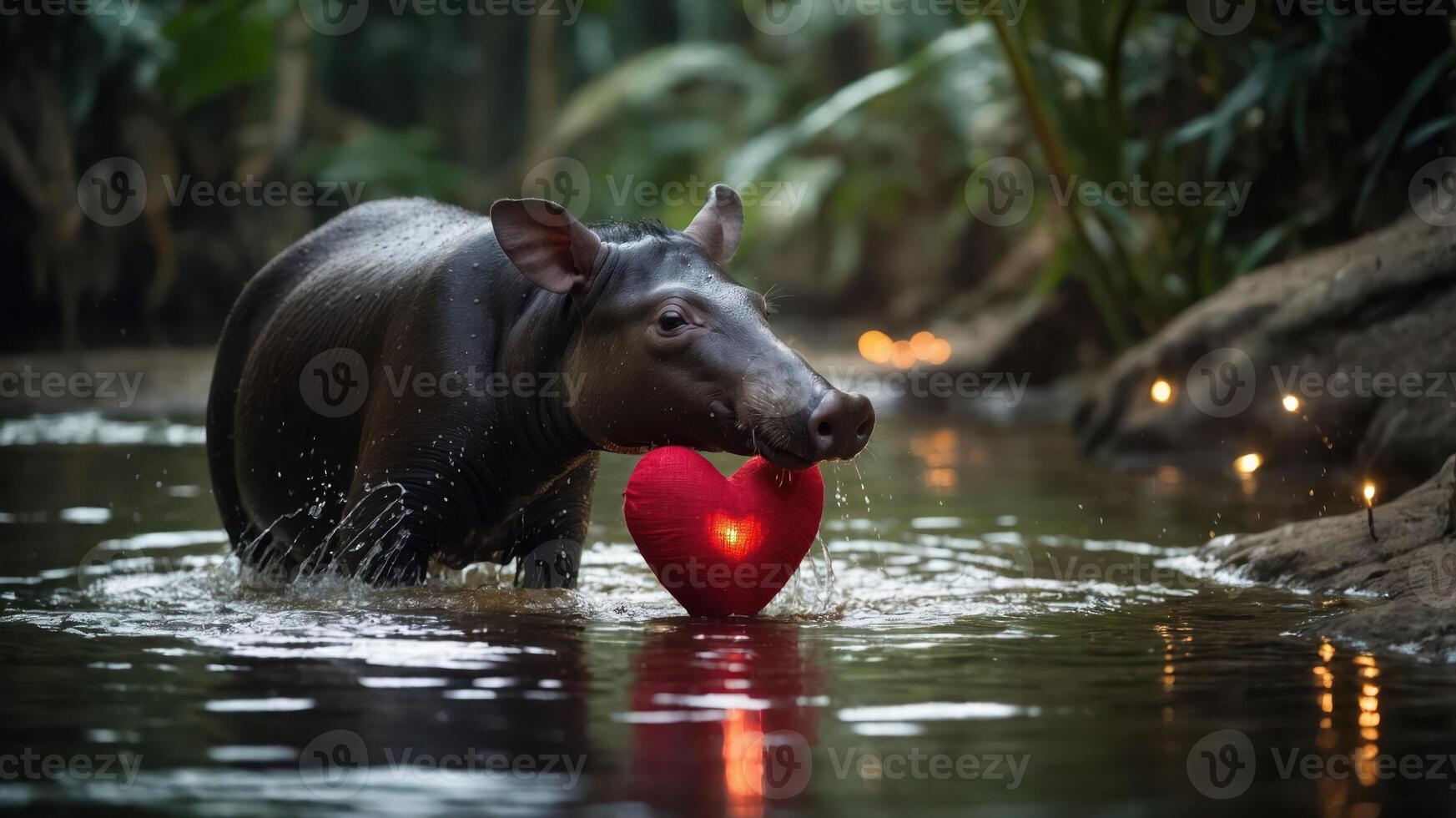 A tapir in a lush environment holds a red heart, symbolizing love in nature. photo