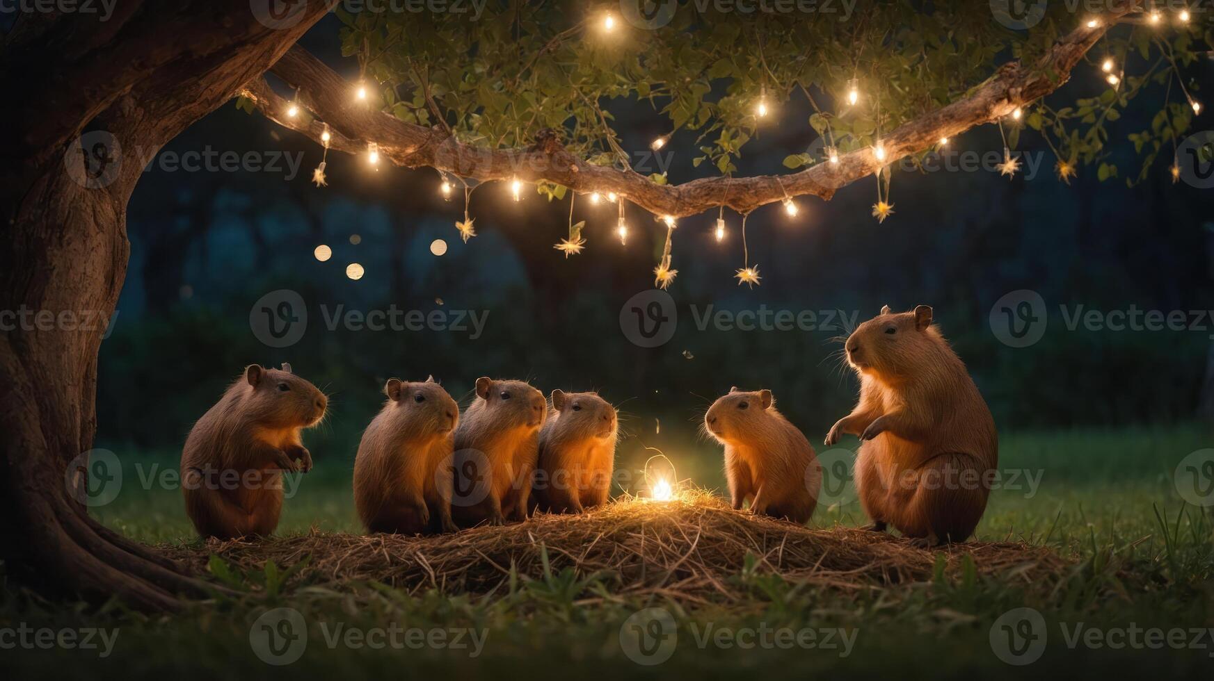 A whimsical scene of capybaras gathered around a campfire under twinkling lights. photo