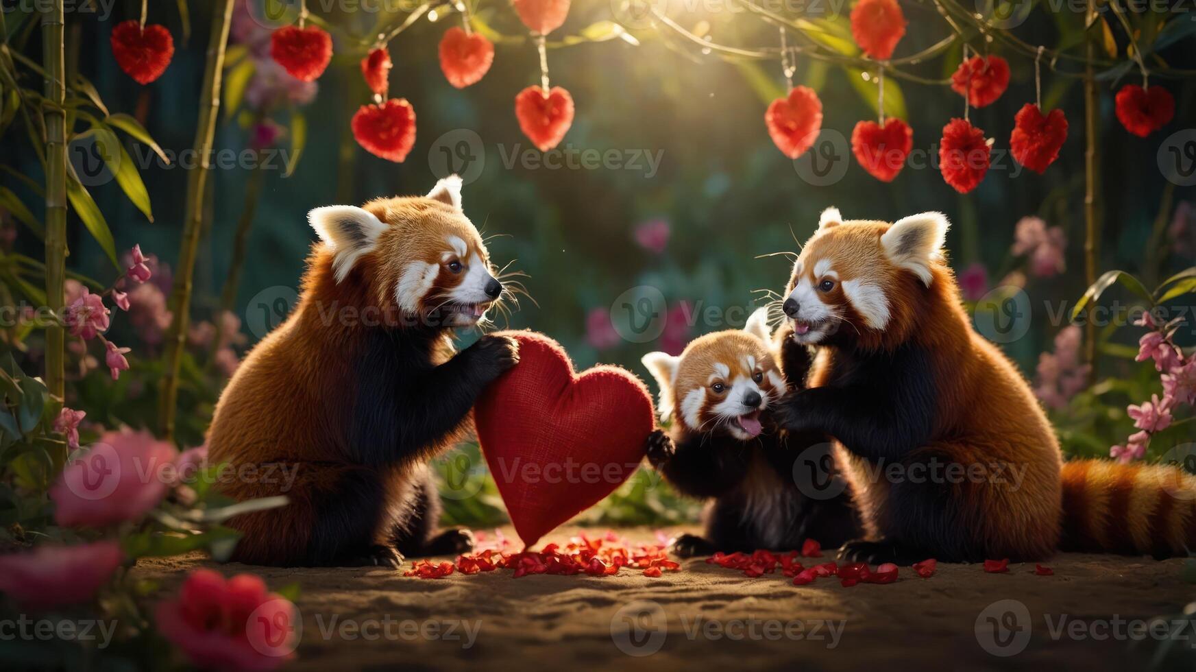 Three red pandas playfully interact with a heart in a romantic, floral setting. photo