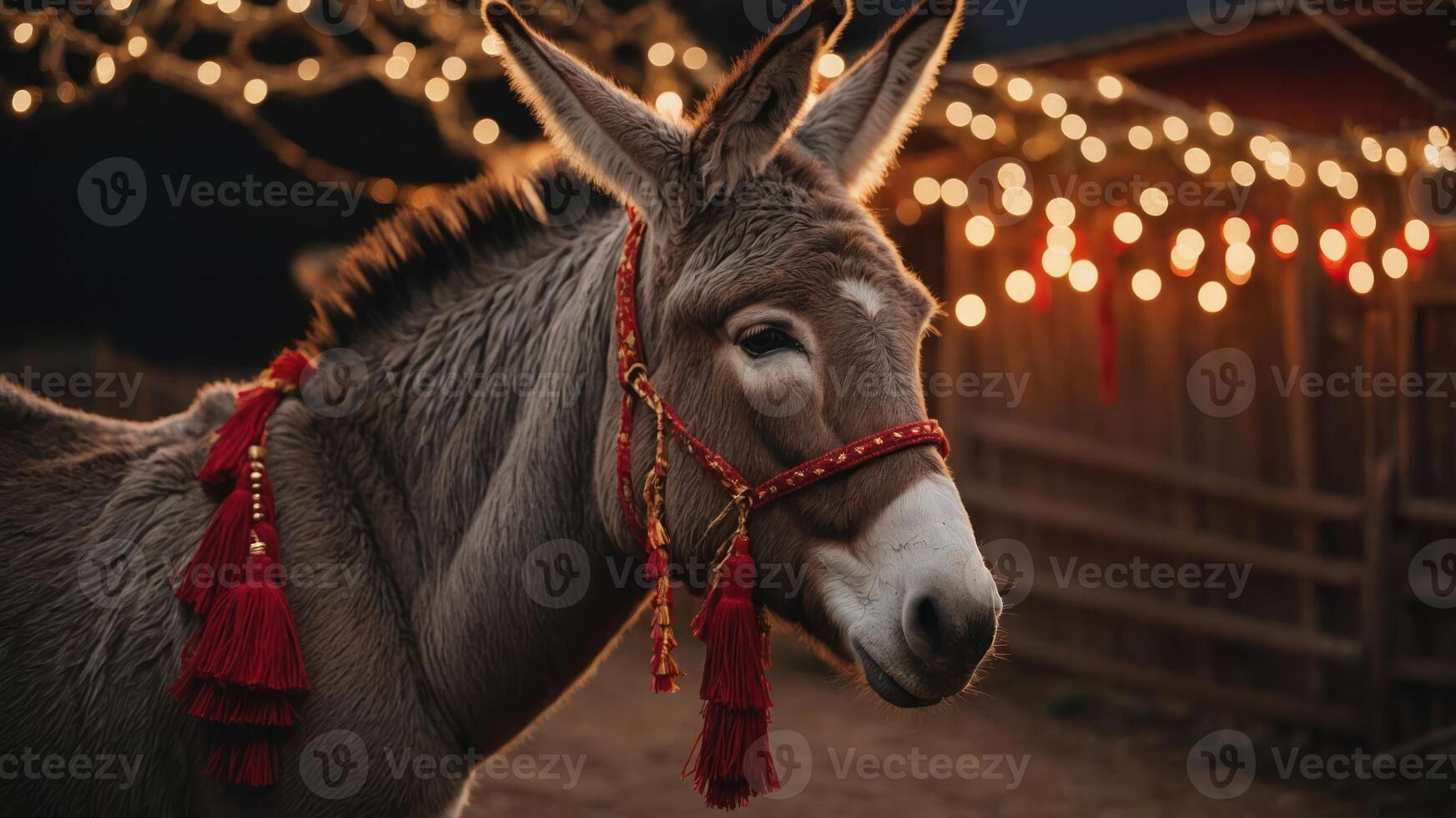 A donkey adorned with decorative tassels stands in a softly lit environment. photo