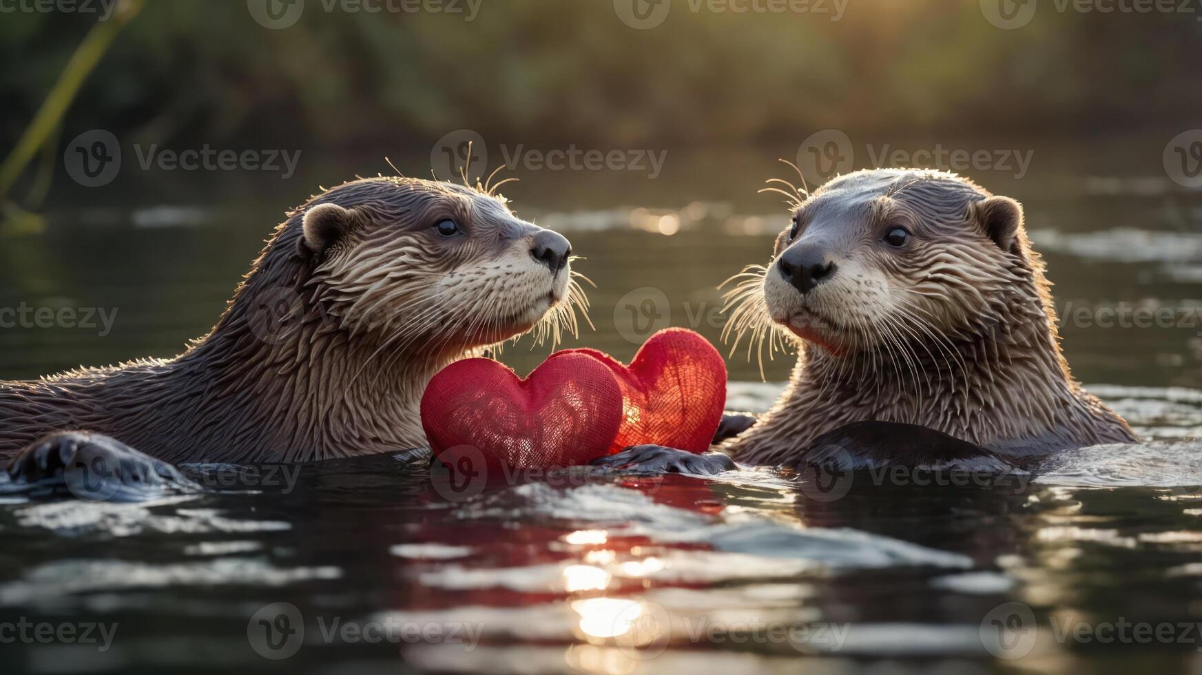 Two otters hold a heart-shaped object in a serene water setting, symbolizing love and connection. photo