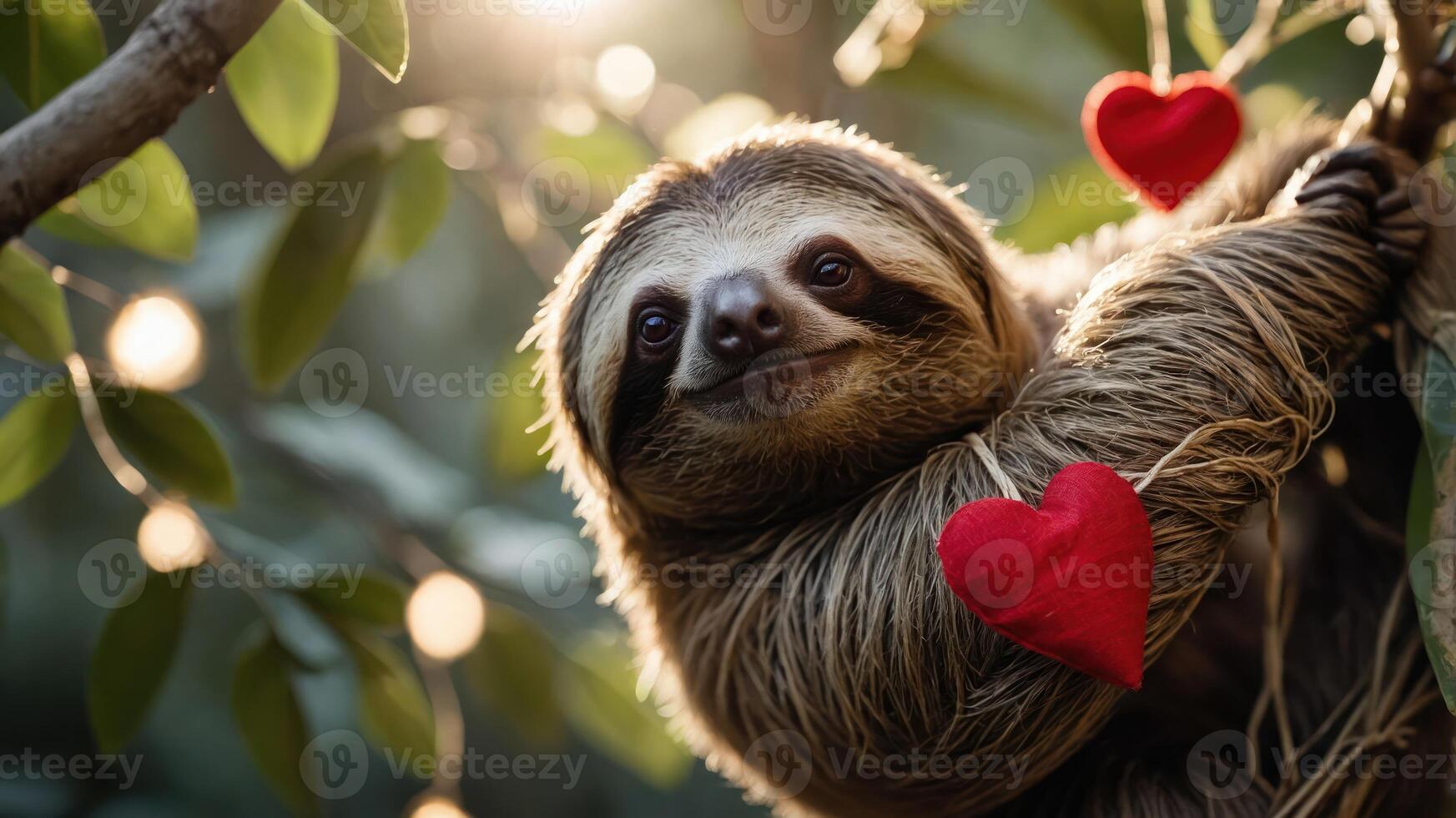 A sloth hanging from a tree, surrounded by hearts and soft lighting, evoking warmth and affection. photo