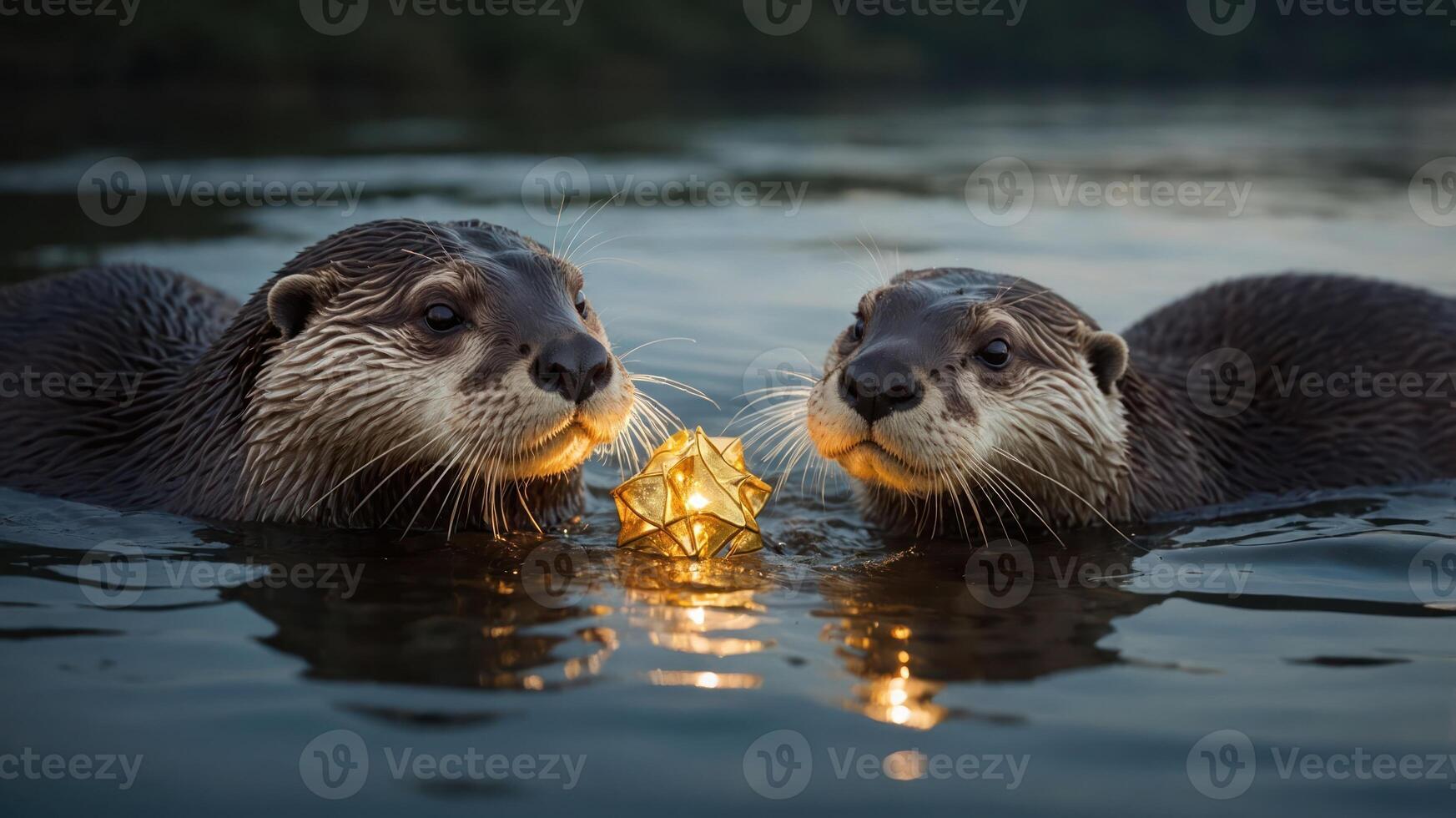 Two otters play with a glowing object in a serene water setting at dusk. photo