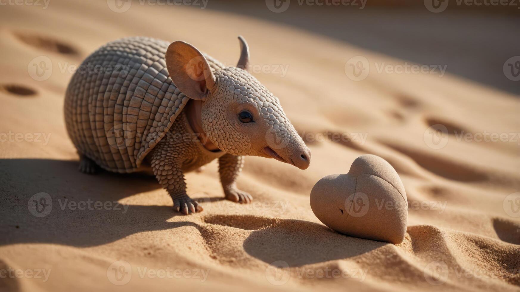 An armadillo curiously approaches a heart-shaped stone in a sandy environment. photo