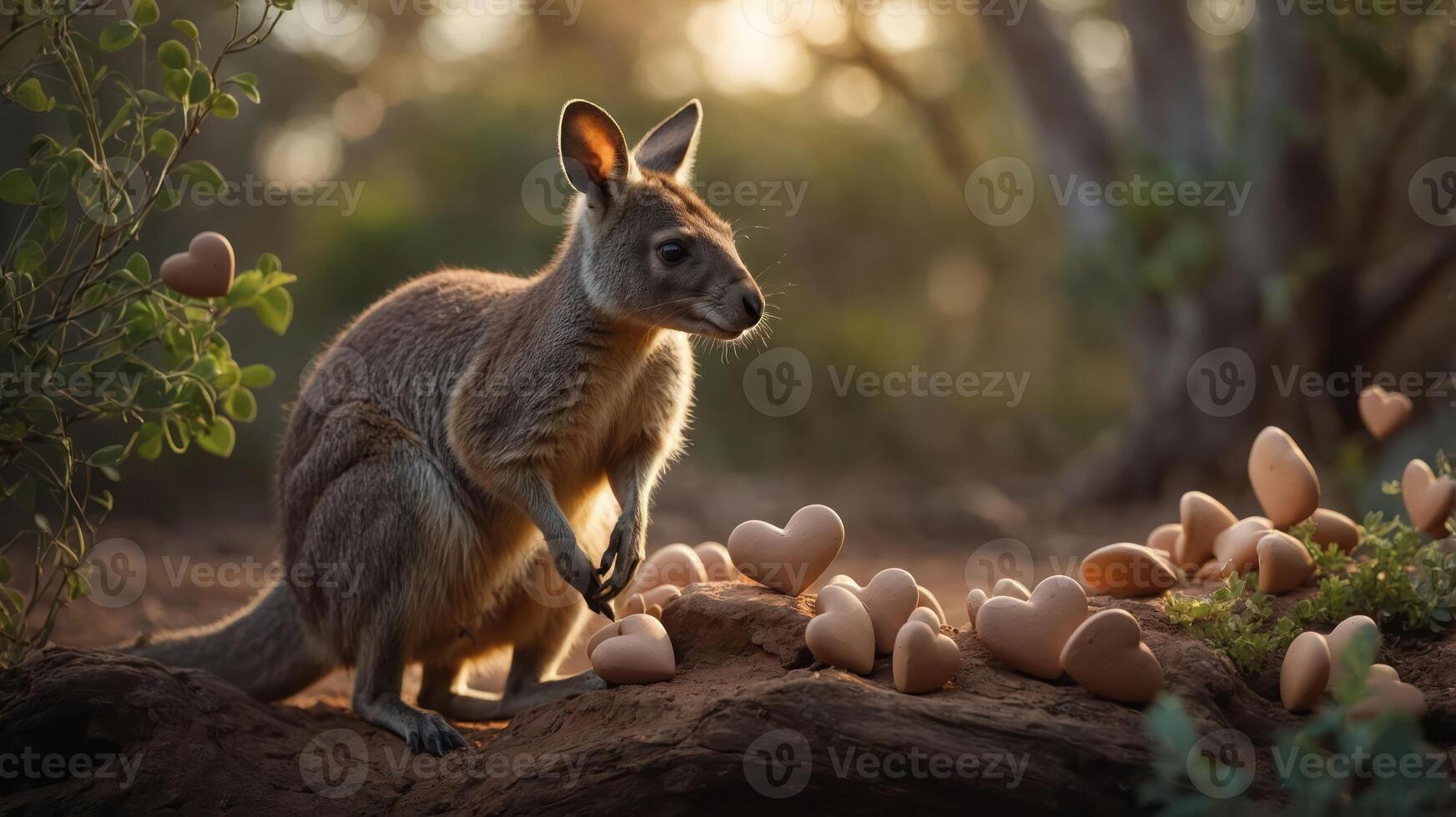 A kangaroo stands near heart-shaped eggs in a serene, natural setting at sunset. photo