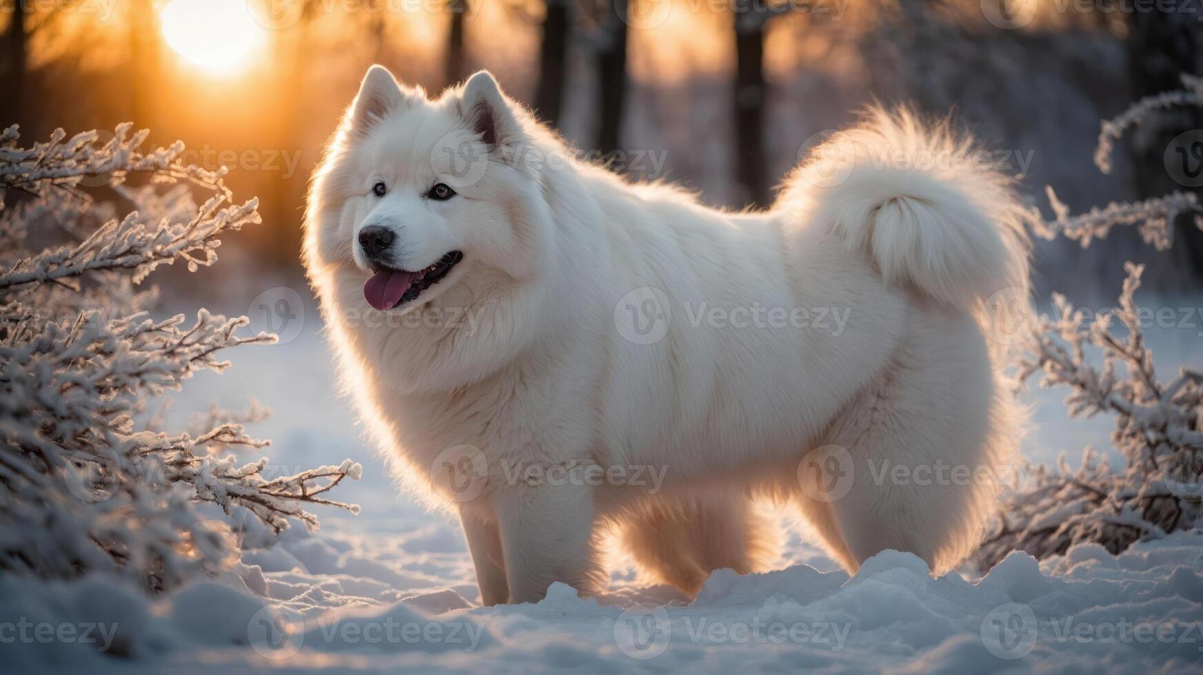 A fluffy white dog standing in the snow with a sunset backdrop. photo