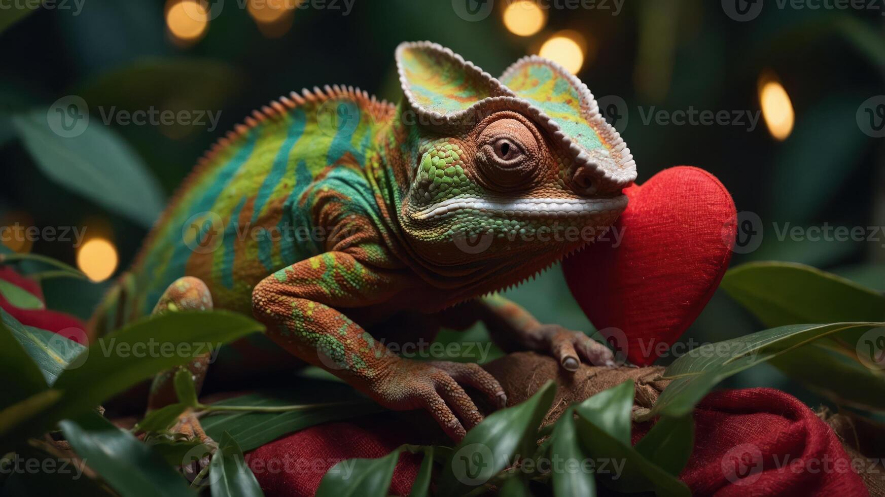 A colorful chameleon holds a red heart, surrounded by lush greenery and soft lighting. photo