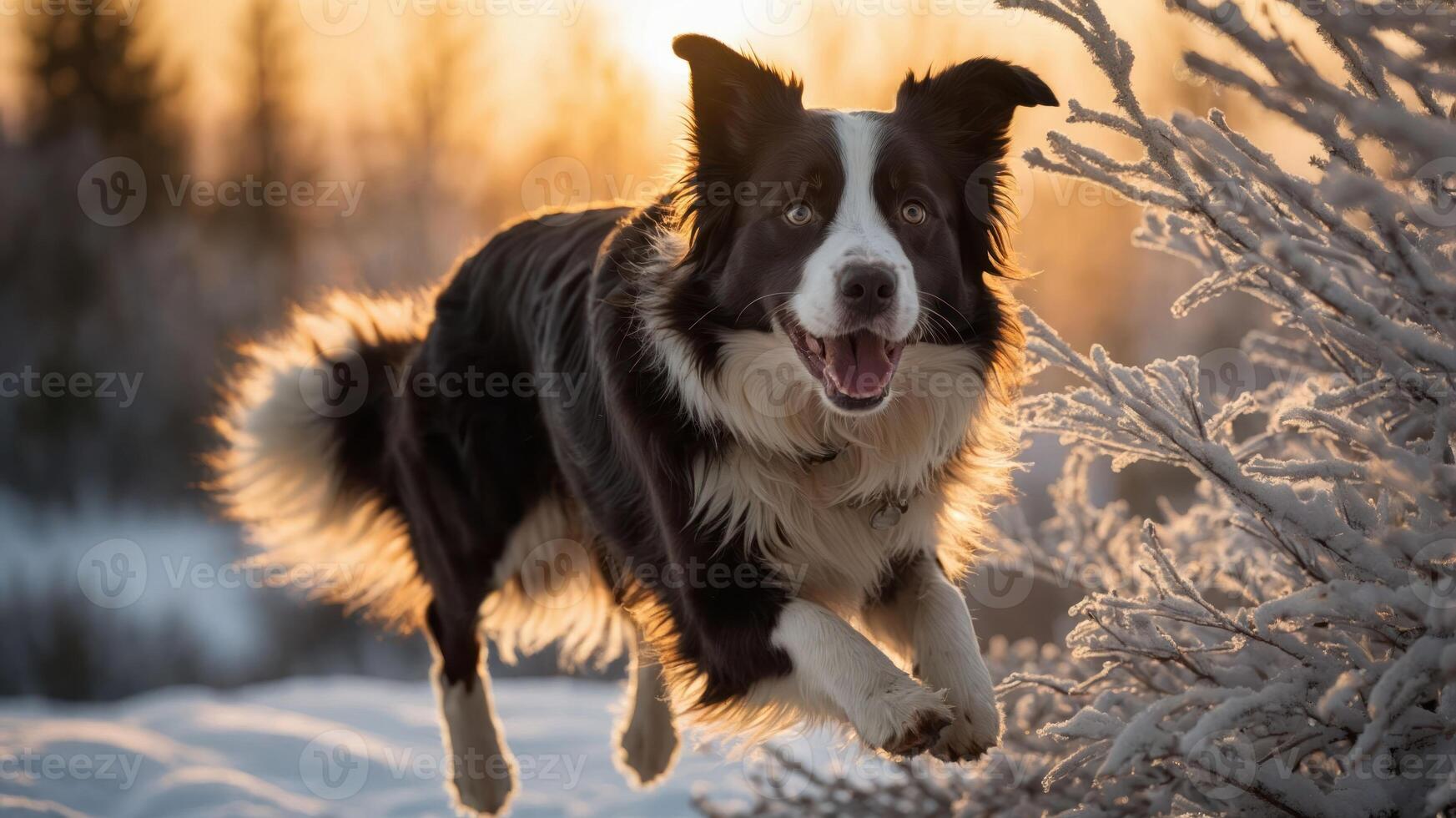 A joyful dog leaps through a snowy landscape at sunset, showcasing its playful spirit. photo