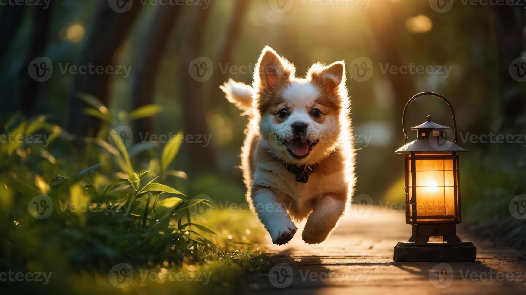 A playful puppy runs along a sunlit path beside a lantern in a serene natural setting. photo