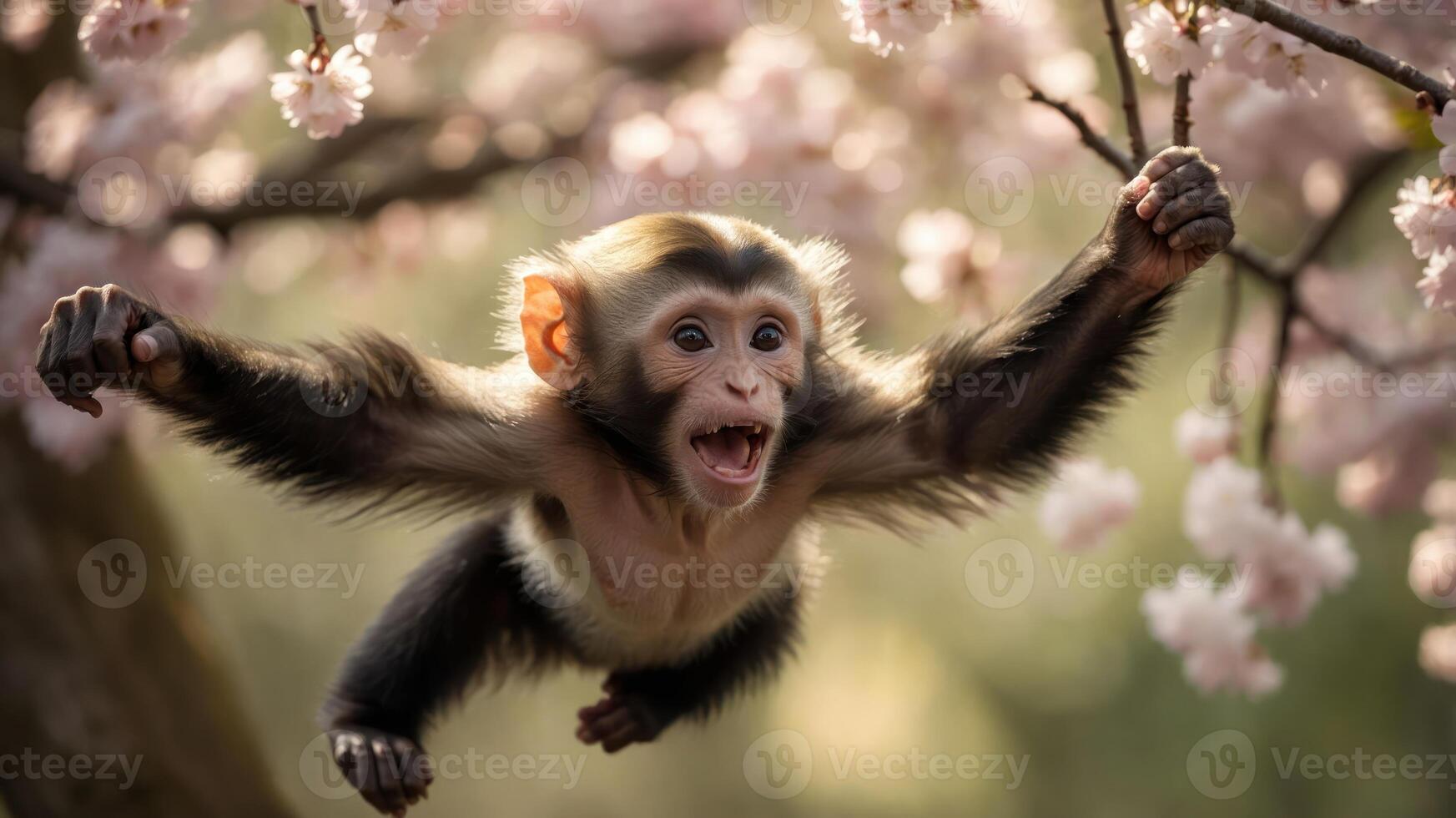 A playful monkey swinging among blooming cherry blossoms, showcasing nature's beauty. photo