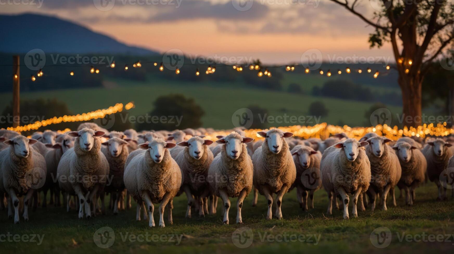 A flock of sheep gathered in a serene landscape at sunset with decorative lights. photo