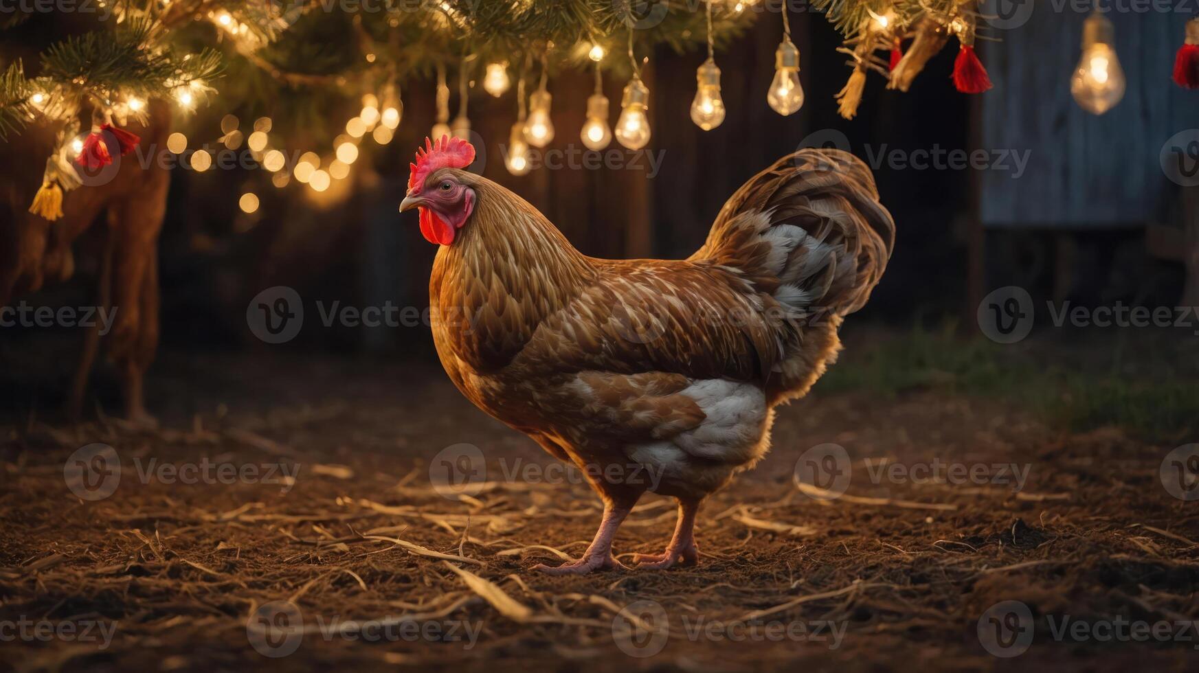 A rooster stands beneath a tree adorned with lights, creating a cozy atmosphere. photo