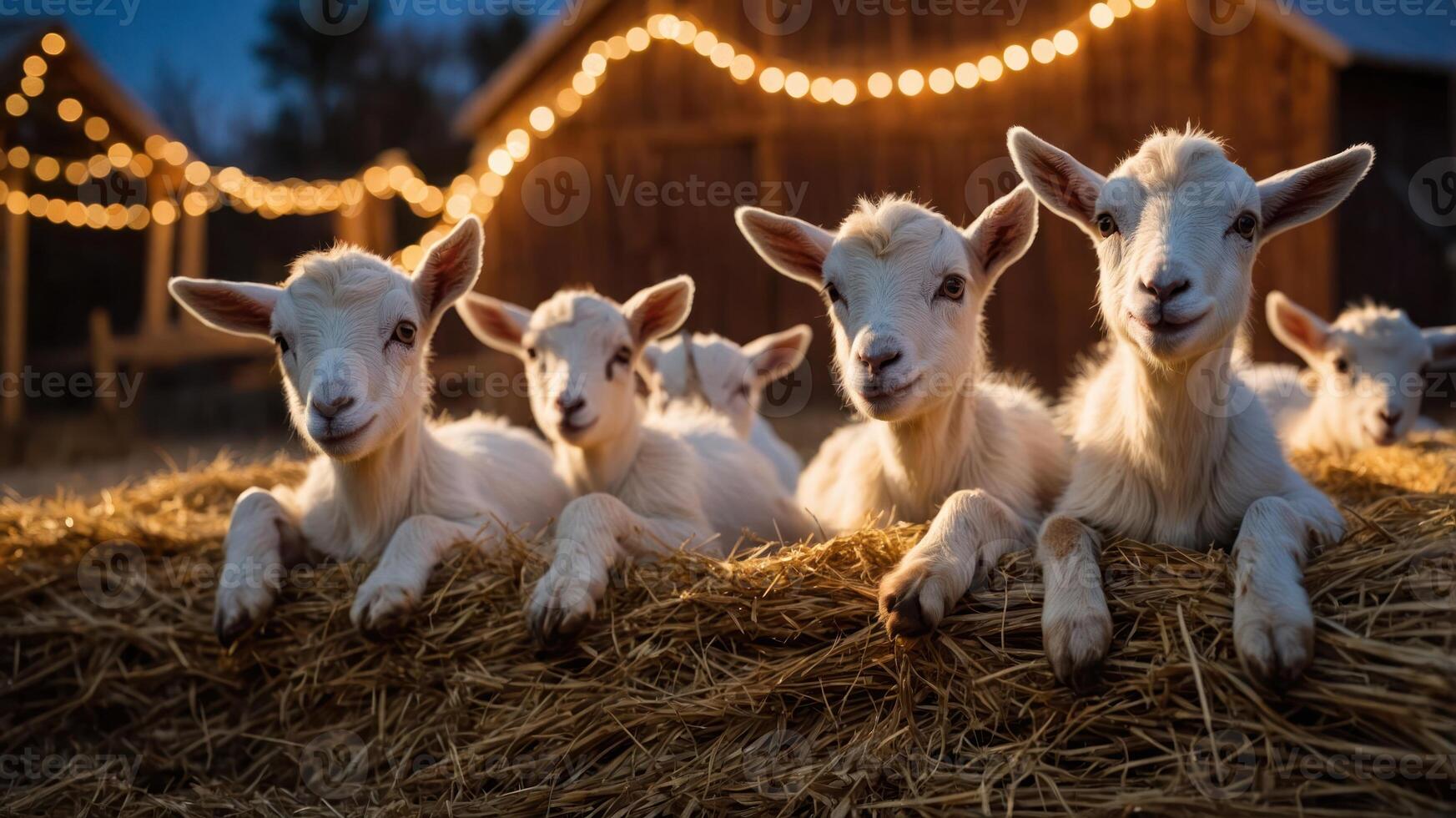 A serene scene of playful goats resting on hay bales, illuminated by warm string lights. photo