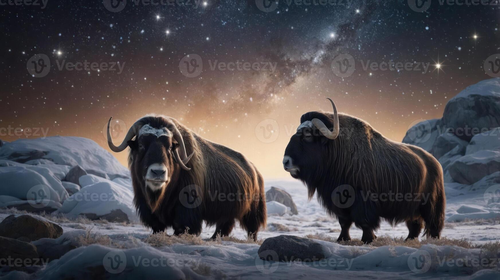 Two musk oxen stand in a snowy landscape under a starry sky, evoking a sense of wilderness. photo