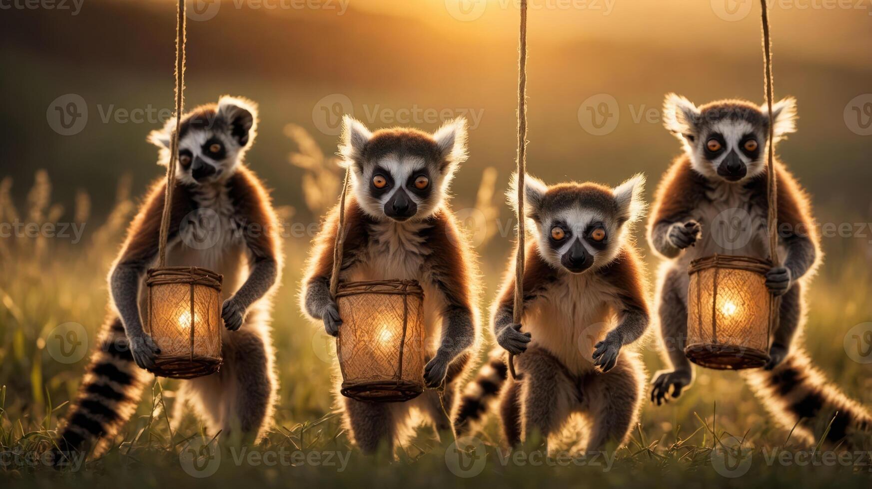 Four lemurs swinging with lanterns at sunset, creating a whimsical and enchanting scene. photo