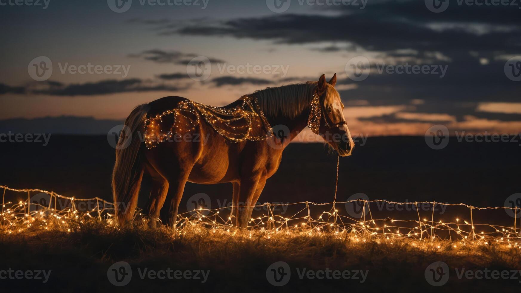 A horse adorned with fairy lights stands against a twilight sky. photo