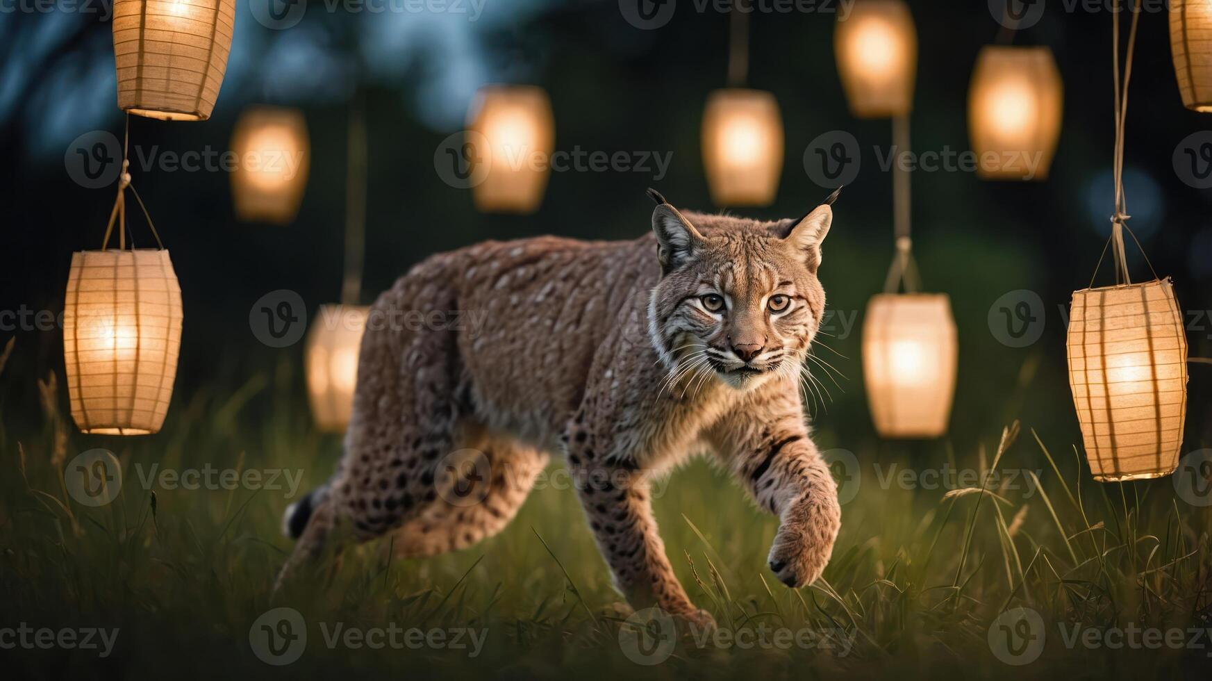 A lynx walks through a grassy area illuminated by hanging lanterns at dusk. photo