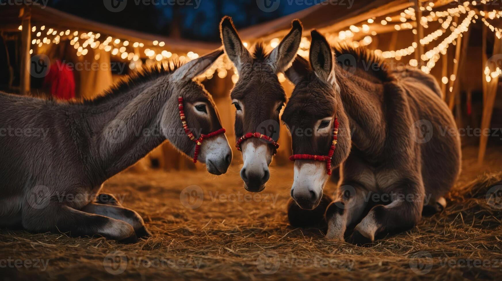 Three donkeys resting together in a cozy, festive setting with warm lights in the background. photo