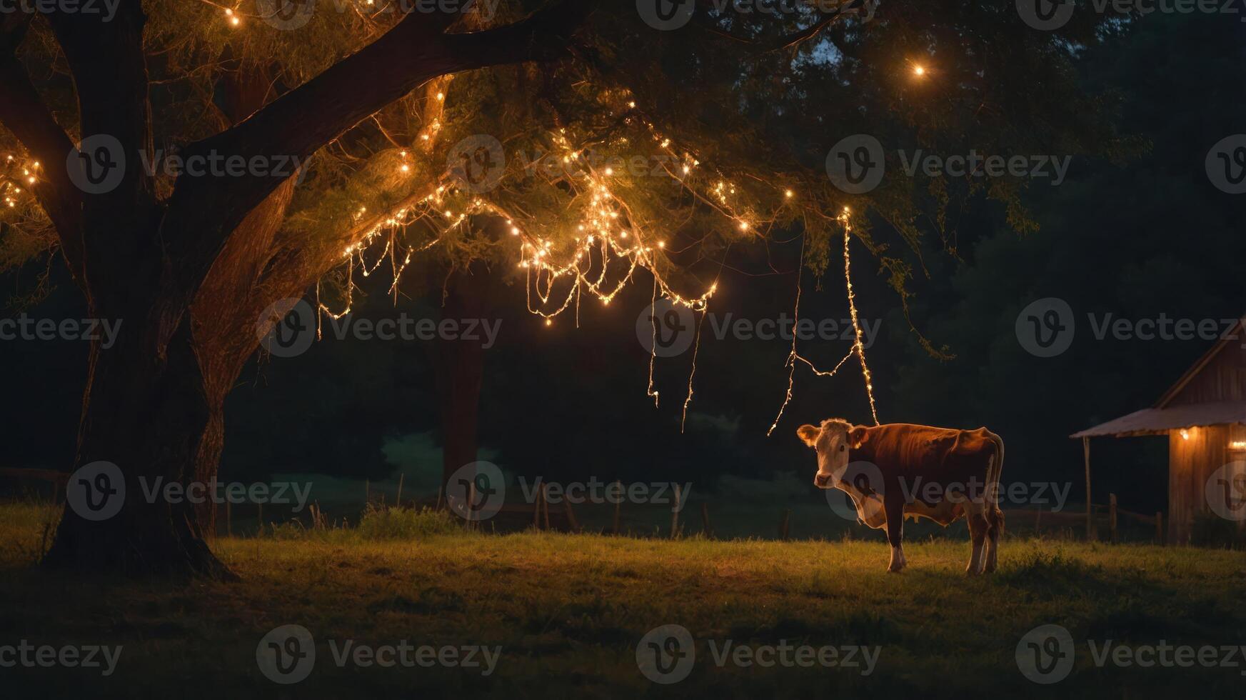 A serene night scene featuring a cow under a tree adorned with fairy lights. photo
