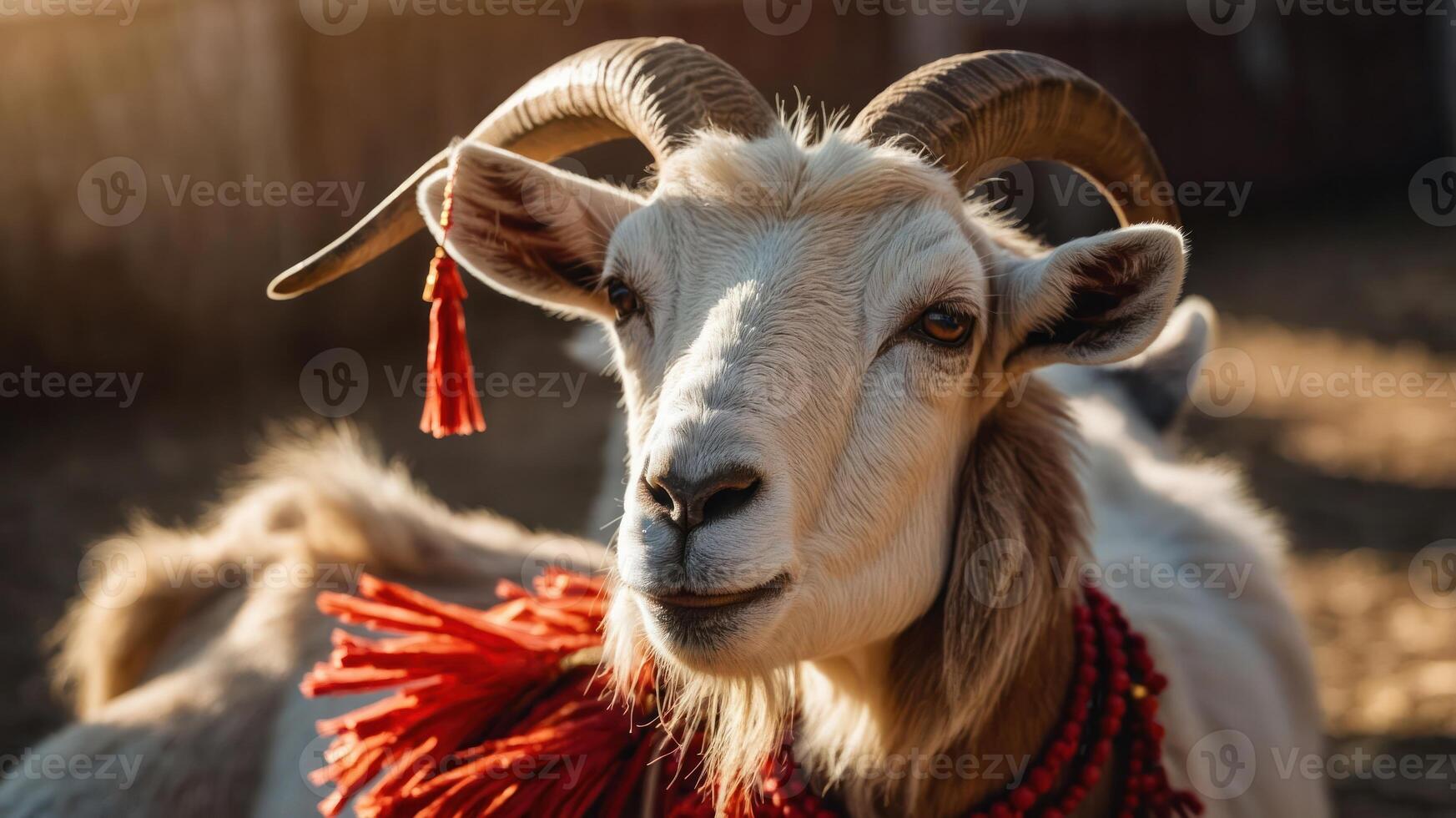A decorated goat with vibrant accessories, showcasing rural culture and tradition. photo