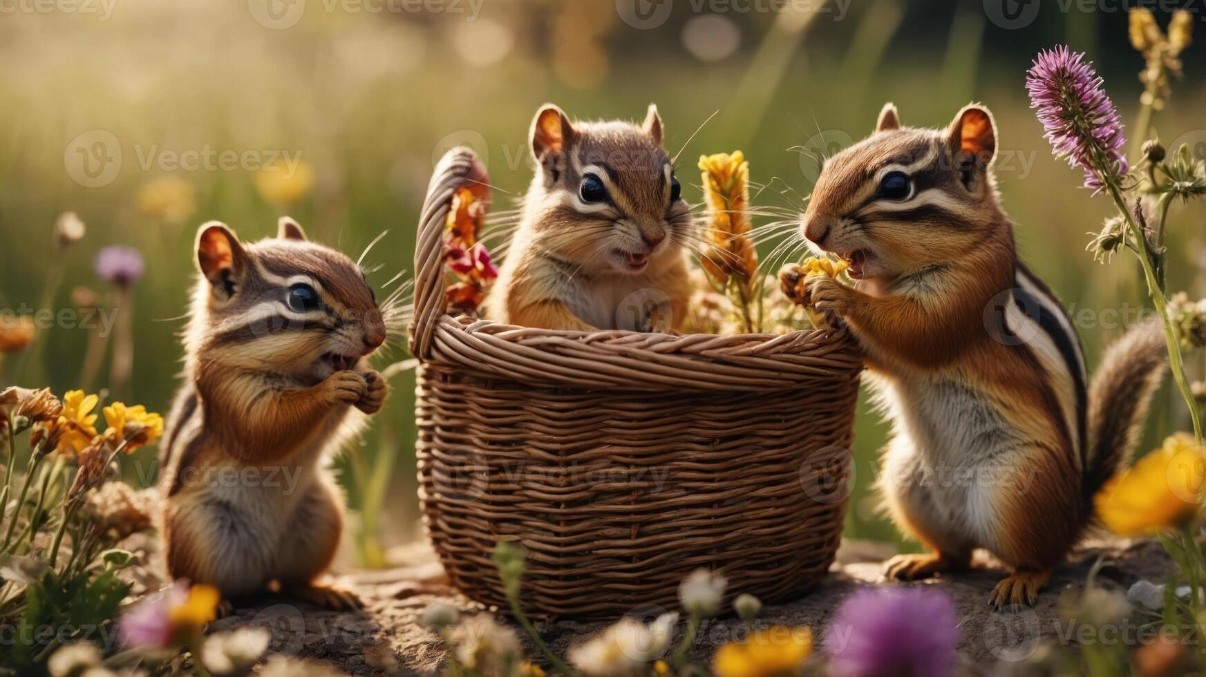 Three chipmunks gather around a basket, enjoying flowers in a vibrant, sunny meadow. photo