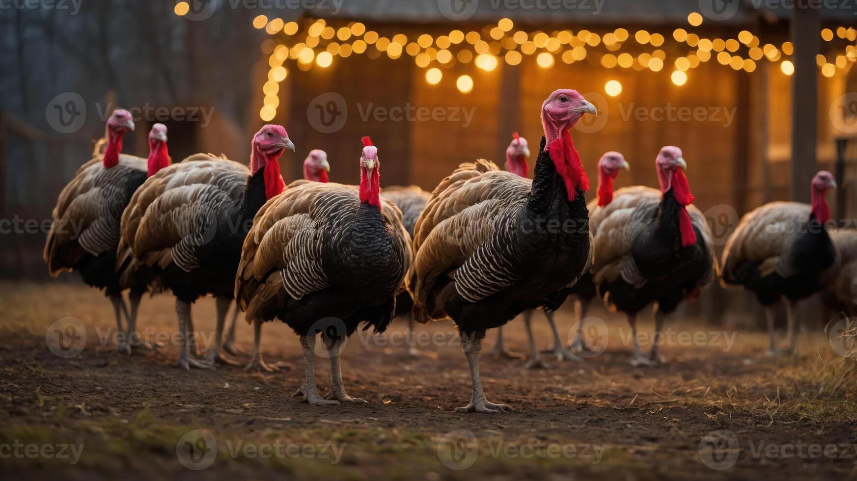 A group of turkeys standing in a yard adorned with warm string lights. photo