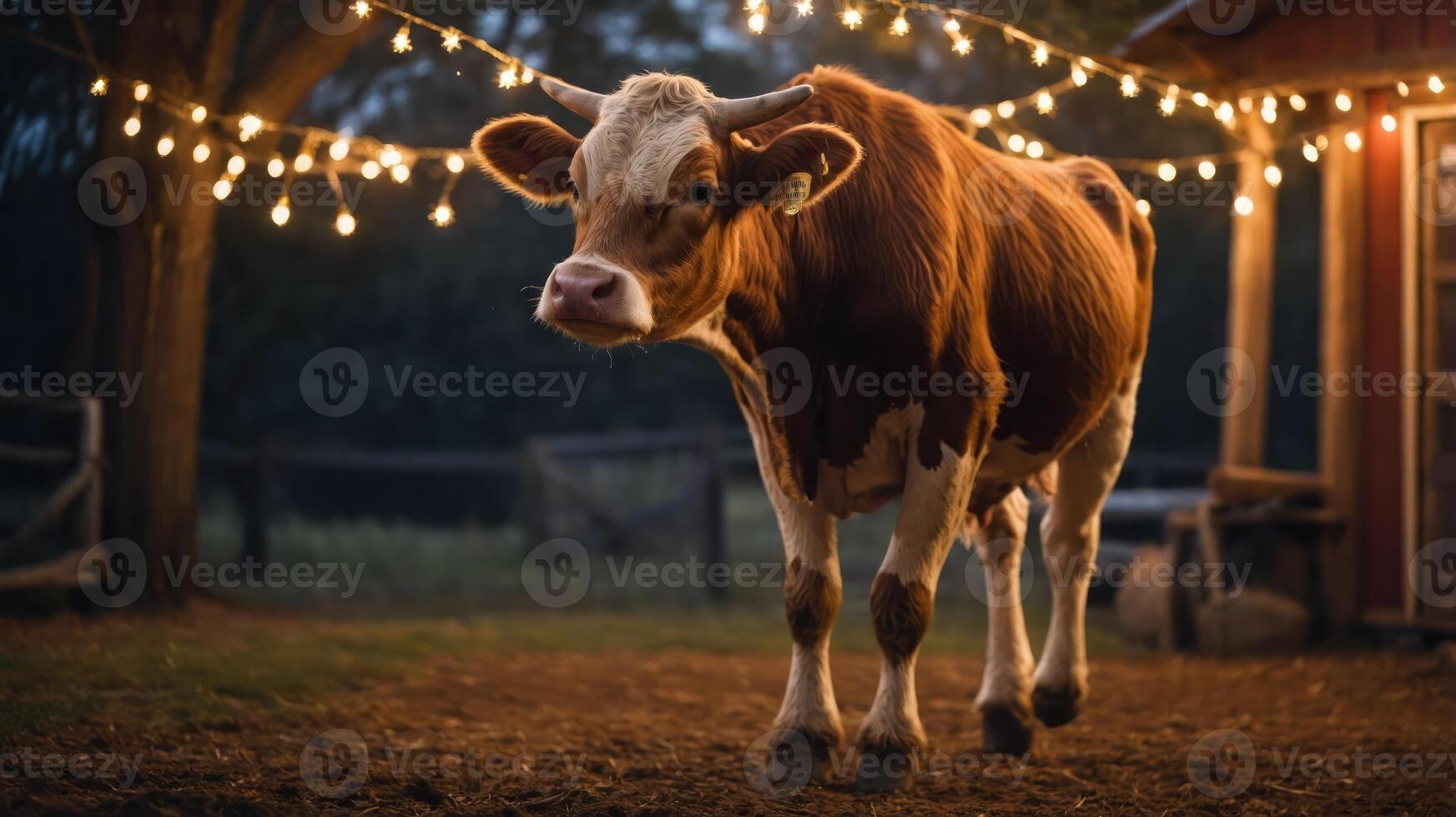A cow walks in a softly lit barn setting adorned with string lights. photo