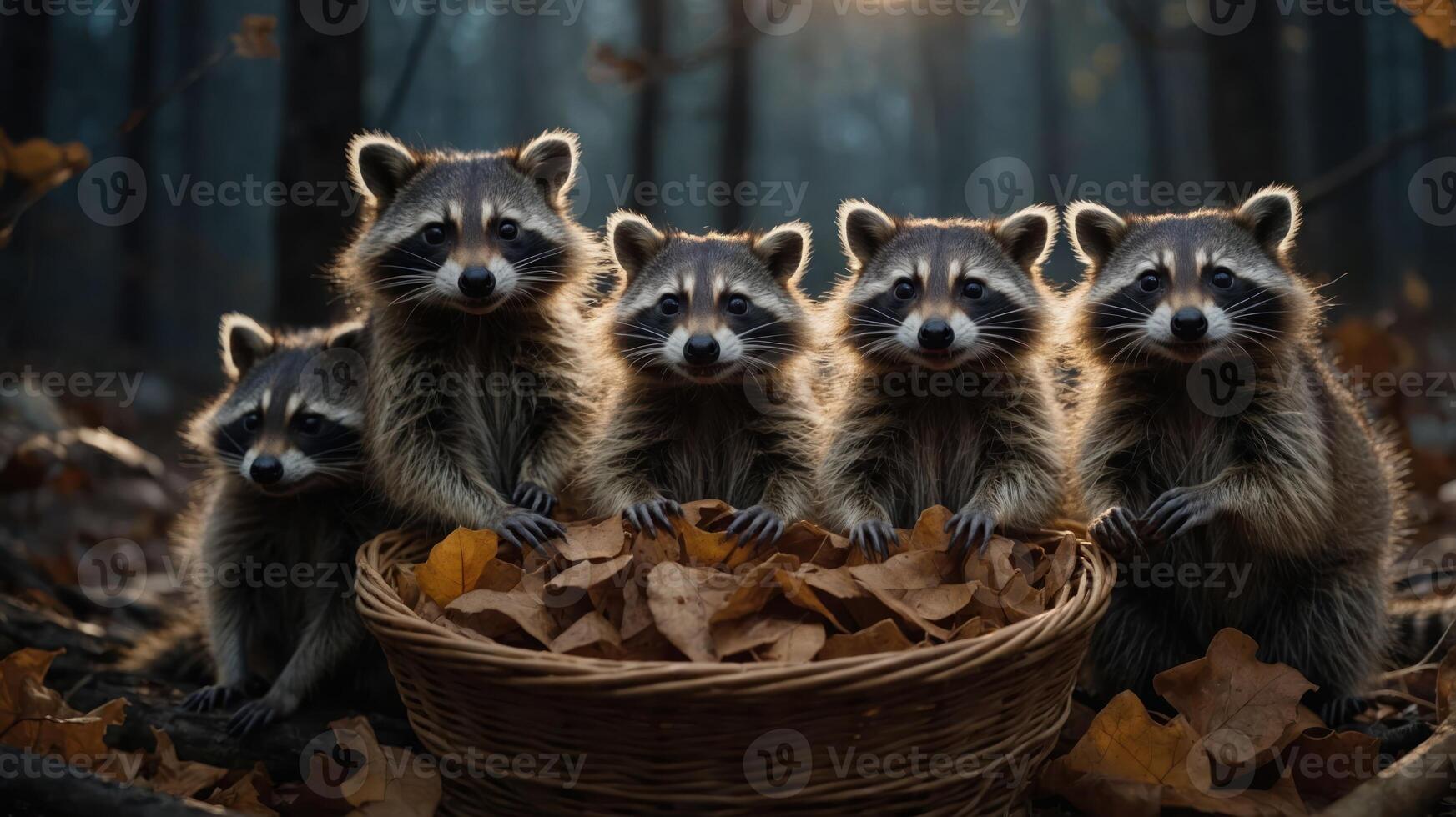 Five raccoons gather around a basket filled with autumn leaves in a forest setting. photo
