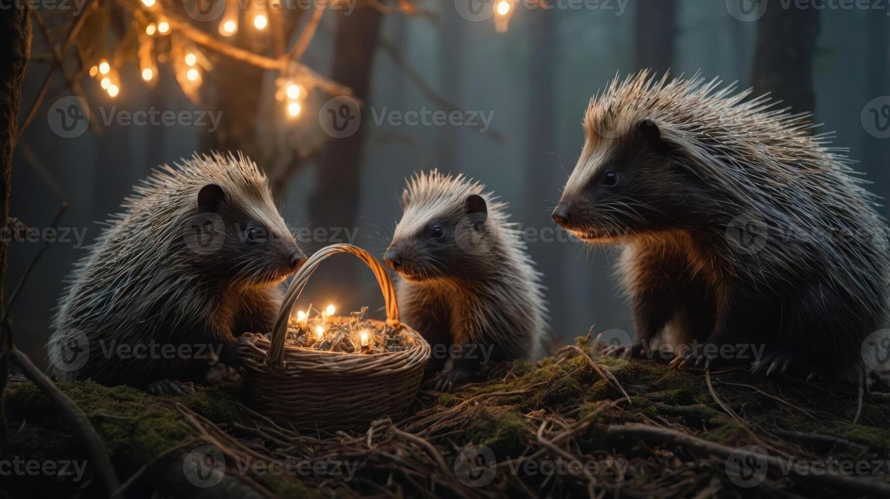 Three hedgehogs gathered around a basket of glowing lights in a misty forest setting. photo